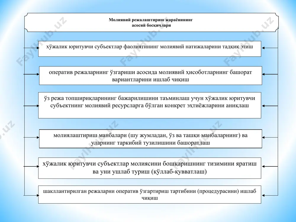 аларини ишлаб чиқишда асос бўлиб хизмат қилади бу молиявий режалар (ҳужжатлар) молия вазирлиги ва молия тизимининг бошқа бўлинмалари фаол иштирокида иқтисодиёт вазирлиги томонидан ишлаб чиқилади балансда бюджет фонди, нобюджет фондлар, суғурта фонди, кредит фонди, корхона ва ташкилотларнинг пул фондлари ва ниҳоят, фуқароларнинг пул маблағлари таркибида режалаштирилаётган ресурсларнинг шаклланиши ва улардан фойдаланиш акс эттирилади давлатнинг йиғма молиявий баланси (молиявий ресурслар баланси) мавжуд барча молиявий режаларни ягона тизимга бирлаштиради. унинг кўрсаткичлари бюджет ва кредит режаларини, шунингдек бошқа молиявий режаларни тузишда асос сифатида қабул қилинади молиявий режалаштириш ва молиявий режалар аҳоли даромадлари ва харажатларининг балансида нақд пулли ва нақд пулсиз шакллардаги аҳоли пул ресурсларининг ҳаракати ўз ифодасини топади балансда акс эттирилаётган аҳолининг пул даромадлари ўзининг манбасига кўра қуйидаги уч гуруҳга бўлинади иш ҳақи ва иш ҳақига устамалар, мукофотлар, сафар харажатлари учун мўлжалланган маблағлар, ёлланма ишчиларга (ходимларга) иш берувчи томонидан амалга ошириладиган социал характердаги тўланмалар тадбиркорлик фаолиятидан олинган даромадлар, корхоналарнинг фойдасига иштирок этиш, шахсий …