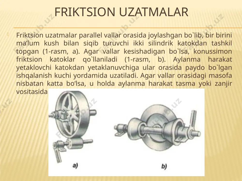 g’ildirakning qolgan o’lchamlari o’lchash orqali aniqlanadi (17-rasm). silindrik tishli uzatmalarni tasvirlash. friksion (ishqalanish) uzatmada ikki silindrik g‘ildirak uzaro ishqalanib harakt qiladi (18-rasm). о‘zaro ishqalanib aylanma harakat qilayotgan silindrlarni boshlangich silindrlar deb qabul qilib, ularning diametrlarini boshlang‘ich yoki bо‘luvchi aylanalar diametri deb hisoblash mumkin. tishli g‘ildirak chizmasida bunday aylanalar shtrix-punktir chiziq bilan tasvirlanadi. g‘ildirak tishlarining kallaklari shu boshlang‘ich aylanadan yuqorida, tish oyog‘ining (tubining) qismlari shu boshlang‘ich aylananing ostida joylashadi. shunday qilib boshlang‘ich yoki bо‘luvchi aylana tishlarni ikkiga ajratuvchi aylana hisoblanadi. ilashishda bo’lgan bir juft tishli g’ildirakni ko’rib chiqamiz (19-rasm, b), ularning tishlari balandligi va eniga nisbatan proporsional ravishda kichrayib boradi deb tasavvur qilamiz (19-rasm, a), bunda o’qlar orasidagi masofa aw o’zgarmasdan qoladi. tishlarning o’lchamlari cheksiz kichrayib borsa, tishli gildirak silliq yuzali silindr (katok)ga aylanib qoladi, ya’ni bir birining ustidan ishqalanishsiz dumalaydigan holatga keladi (19-rasm, c, d). bu silindrlar boshlang’ich deb atalib, chizmada boshlang’ich aylanalar sifatida proyeksiyalanadi. image3.png image4.png image5.png image6.png image7.png …