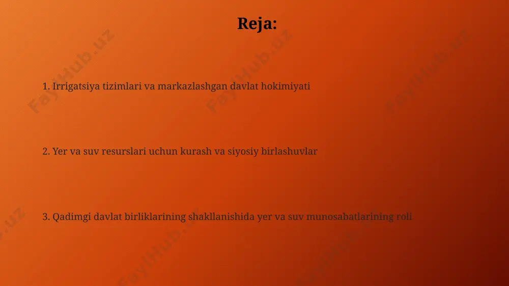 ig'ida joylashgan shahar-davlatlarning birlashishi 2500 yil avval irrigatsiya tizimlarini qurib, suv manbalarini boshqarishga asoslangan edi, bu esa kuchli hukmdorlarning paydo bo'lishiga sabab bo'ldi. qadimgi misrda nil daryosi bo'ylab 3000 yildan ortiq davom etgan davlat birligining shakllanishi suv resurslarini nazorat qilish va taqsimlashga bog'liq edi, bu esa fir'avnlarning siyosiy kuchini mustahkamladi. irrigatsiya tizimlari va ijtimoiy iyerarxiya misrda nil daryosi boʻylab qurilgan murakkab suv tizimlari, taxminan 3000 yil davomida, far'onlar boshchiligida markazlashgan davlat tuzilmasini shakllantirishga va kuchli byurokratiyaning paydo boʻlishiga yordam berdi. indus vodiysi tsivilizatsiyasida, miloddan avvalgi 2600-yilda, keng koʻlamli suv boshqaruv tizimlari, mohenjo-daro va harappa kabi yirik shaharlarning rivojlanishiga va ixtisoslashgan kasblarga ega boʻlgan murakkab ijtimoiy tuzilmaning paydo boʻlishiga olib keldi. mesopotamiyada, miloddan avvalgi 3000-yillarda, katta irrigatsiya kanallari tarmogʻi 10 000 dan ortiq odamni birlashtirib, murakkab ijtimoiy iyerarxiyani, shu jumladan, ruhoniylar va hukmdorlar sinfini vujudga keltirdi. qadimgi davlatlarning suv strategiyasi qadimgi misrda nil daryosi boʻylab 3000 yildan ortiq davom etgan irrigatsiya …