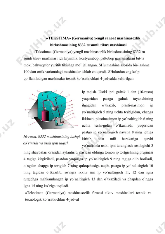 naycha ariqchasiga kirib turadigan plastinali prujina 12 naycha holatini fiksatsiyalaydi. naychaning keyingi devori tomonga ipni keltirib, naychani shpindel devoriga tiralguncha siljita borib, ip kisib qo`yiladi. o`ragich 11 ni ishlatish uchun tikuvchi richag 7 ni soat mili harakatiga qarshi yo`nalishda burishi kerak. bunda cheklovchi qopqoq 9 soat mili harakatiga qarshi yo`nalish-da buriladi-da, shpindel 6 ning toretsi ruparasiga keladi, naychaga ip o`rali-shining cheklovchi qopqoq 9 o`qiga mahkamlangan cheklagichi esa naycha devorcha-lari orasiga joylashadi. naychaga cheklagich holatiga qarab belgilanadigan kerakli miqdorda ip o`ralgandan keyin o`ragich tuxtaydi. richag 7 bilan cheklagich qopqoq 9 avtomatik ravishda soat mili harakati yo`nalishida buriladi. naychani shpindel 6 dan olib, ipning bo`sh uchi qopqoq 8 tagiga olib kelinadi. naycha chapga keskin burilganda qopqoq 8 ning tagidagi pichoq ipni qirqadi. 17-rasm. 8332 rusumli tikuv mashinasining naychaga ip o`ragichi. 18-rasm. naycha qalpoqchasi. naychadagi ipning miqdori rostlanadi, biroq rostlash uchun moy kelishini tuxtatish, uchta vint 10 ni burab olingandan keyin o`ragich 11 …