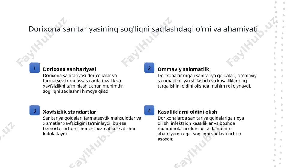 sanitariya qoidalarini saqlash uchun muntazam tekshiruvlar, xodimlar uchun o'qitish va toza muhit ta'minlash zaruriy choralar hisoblanadi. ommaviy salomatlikni ta'minlashda dorixona sanitariyasining roli. 1 dorixonalar va gigiena - dorixonalarda sanitariya qoidalari, dori vositalarining tozaligini va xavfsizligini ta'minlaydi, bu esa bemorlarning sog'lig'ini muhim darajada himoya qiladi. 2 kasalliklarning oldini olish - sanitariya qoidalariga rioya qilish, dorixonalarda kasalliklarni tarqatish xavfini kamaytiradi, bu esa jamoatchilik salomatligini yaxshilashga xizmat qiladi. 3 ommaviy salomatlikka ta'sir - dorixonalardagi sanitariya amaliyotlari, ommaviy salomatlikni ta'minlashda muhim rol o'ynaydi, shuningdek, xavf-xatarlardan himoya qiladi va sog'lom jamiyatni rivojlantiradi. sanitariya qoidalari orqali ommaviy salomatlikni yaxshilash. 1 sanitariya va sog'liq - sanitariya qoidalari sog'liqni saqlashni ta'minlaydi, kasalliklarning tarqalishini oldini olishda muhim rol o'ynaydi va umumiy farovonlikni oshiradi. 2 ommaviy salomatlik - dorixonalarda sanitariya qoidalariga rioya qilish, jamoat salomatligini mustahkamlashga yordam beradi va epidemiyalarni kamaytiradi, bu esa xalqning sog'lig'ini yaxshilaydi. 3 ta'lim va xabardorlik - sanitariya qoidalarini bilish va ularga amal qilish, bemorlar va …