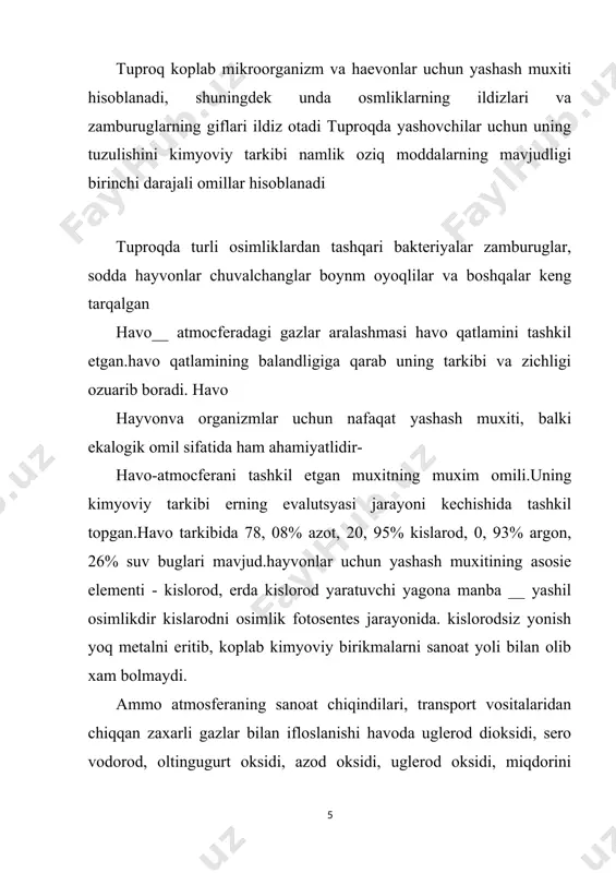 tabiat omillari bo’lib, organizmga bevosita yoki bilvosita ta’sir ko’rsatadi. bularga harorat, yorug’lik, suvning sho’rligi, shamol, oqim, joyning relfi va hokazolar kiradi. 2. biotik omillar - tirik organizmlarning bir-biriga ta’sir etish formasi. har qanday organizmga har doim boshqa organizmlar bevosita va bilvosita ta’sir ko’rsatib turadi. 3. antropogen omillar-insoniyat jamiyati xo’jalik faoliyatining tirik organizmga ta’siri. inson omili organizmga to’g’ridan-to’g’ri ta’sir qilishi mumkin, yoki yashash muhitini o’zgartirib bilvosita ta’siri qilishi mumkin. hozirgi vaqtda butun yer sharining taqdiri antropogen omilga bog’liq bo’lib qoldi. 2. ekologik omillarning organizmga ta’siri. ayrim olingan ekologik omillar turli organizmlarga turlicha ta’sir ko’rsatadi.m-n, qattiq shamol ochiq yashaydigan yirik hayvonlarga ko’proq ta’sir qilsa, kichik, yashirin hayot kechiradigan hayvonlarga ta’sir qilmaydi. tuproqdagi tuz miqdori o’simlik uchun juda muhim bo’lsa, hayvonlar uchun ahamiyati yo’q va h.o. ba’zi ekologik omillar uzoq vaqt davomida doimiy o’zgarmas bo’ladi. masalan, tortishish kuchi, quyosh yorug’ligi, atmosferaning xususiyatlari,okean suvining tarkibi va h.o. lar. ko’pchiliq ekologik omillar, masalan, harorat, namlik, …