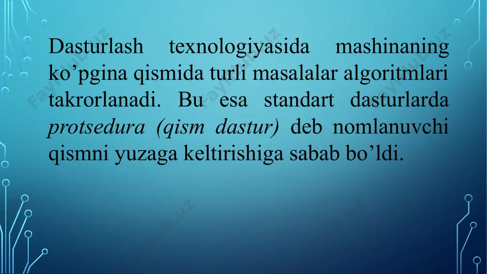 n ma’lumotlar tipini sinflar xarakterlaydi. “sinf” tipi ham maxsus sxema bo’yicha e’lon qilinadi ( ), o’zgaruvchilarni initsializatsiyalash, ya‘ni boshlang’ich qiymatlarni berish mumkin. sinf – bu murojaatli tip. shuning uchun u dinamik ko’rsatgichdan new operatori orqali e’lon qilinadi. mashinalarim nomli bo’sh sinfni qaraylik. ushbu tipdagi o’zgaruvchini e’lon qilamiz. masalan, avto o’zgaruvchisini: mashinalarim avto avtomobilda bo’lishi mumkin bo’lgan xarakteristikalarni (bizda bu maydonlar deb ataladi) yozaylik: markasi (tip), mashina nomi (nom) va tezligi (tezlik). shunda funksiyamiz sarlavhasi uchta parametrga ega bo’ladi (string tip, string nom, float tezlik). sinfimizda mo’ljal qilgan konstruktorimizning umumiy ko’rinishi quyidagicha: mashinalarim (string tip, string nom, float tezlik) operatorlar, sinflarning maydonlari qiymatini operatorlar o’zlashtiradi. agar yuqoridagi maydonlar string tip1, string nom1, float tezlik1 ko’rinishida bo’lishini istasak, u holda quyidagi operatorlarni yozishimiz kerak bo’ladi: tip1=tip; nom1=nom; tezlik1=tezlik; demak, konstruktorning sinfdagi umumiy ko’rinishi quyidagichadir: mashinalarim (string tip, string nom, float tezlik) { tip1=tip; nom1=nom; tezlik1=tezlik; } agar keyinchalik sinfning aniq obyektiga biror …