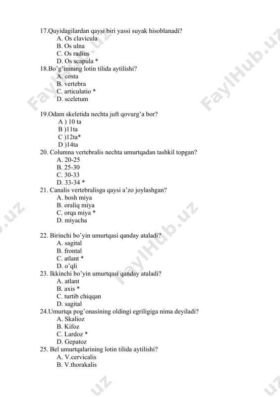 o’l panjasi necha qismdan iborat? a)2 b)3 * s)4 d)6 36. yelka kamarini qaysi suyaklar hosil qiladi? a. o’mrov va yelka b. o’mrov va kurak * c. kurak va bilak d. bilak va tirsak 37.os pubis qaysi suyak a) yonbosh suyak b) otirg’ich suyak s)quymich suyak d)qov suyak * 38 .chanoq suyagining lotincha nomi? a. os coxae * b. os ilius c. os publis d. os ischia 39 .kalla skeletining lotincha nomi? a. corpus b. crantium * c. scapula d. clavicula 40. gaymor bo’shlig’i qaysi suyakda joylashgan? a. ko’z yoshi suyagida b. burun suyagida c. yuqori jag’ suyagida * d. pastki jag’ suyagida 41. muskullarni o'rganuvchi fan nima? a.osteologiya b.miologiya * c.fiziologiya d.patologiya 42.skelet muskullari qanday qisqaradi? a. odam ixtiyori bilan * b. g’ayri ixtiyoriy c. odam ixtiyori va g’ayri ixtiyoriy d. asta-sekin 43. fassiya nima? a. ichki sekretsiya bezlarining kapsulasi b. o’pkaning o’rovchi seroz parda c. muskulni o’rovchi parda …