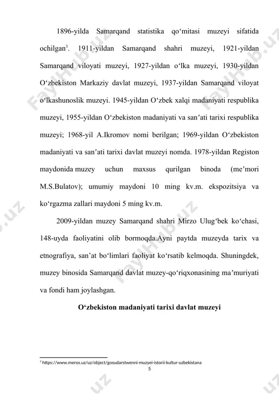rqand viloyati hududidan topilgan muzey eksponatlari miloddan avvalgi ii ming yillik oxiri va i ming yillikning birinchi yarmida baqtriya va soʻgʻdda kulolchilik, zargarlik sanʼati nihoyatda yuqori bosqichga koʻtarilganligidan dalolat beradi. jarqoʻton, sopollitepa shaharchalari va moʻminobod, chakka qishloqlaridan topilgan marosim, xoʻjalik va hasham idishlari shular jumlasidandir.[footnoteref:7] [7: https://meros.uz/object/gosudarstwenni-muzyei-istorii-kultur-uzbekistana] miloddan avvalgi vi asrda baqtriya va soʻgʻd hududlarida ushbu davr sanʼati mumtoz sharq madaniyati bilan chogʻishtirilgan holda namoyon boʻladi. bu davrda qadimiy eron ilohiy gopatshoh tasviri tushirilgan gemma, afrosiyob va pshaktepadan topilgan nafis qilib ishlangan qadahsimon idishlar, samarqandda topilgan miloddan avvalgi vi asrga oid sak jangchisining dubulgʻasi ekspozitsiyalarda alohida oʻrin olgan. ellinizm davriga xos xislatlarning taʼsirini muzeyda namoyish qilinayotgan oʻrta osiyo antik kulolchilik mahsulotlari kolleksiyasi oʻzida namoyon etadi. bular shakl jihatidan yunon kulolchiligiga xos boʻlgan qoratepa, tallibarzu,eski termiz, dalvarzintepa va boshqa joylardan topilgan kulolchilik mahsulotlari — amfora, oynaxoyya, lagan, jom, tovoq va h.k. muzey jamlanmalarida oʻrta osiyo mayda plastikasi — haykalchalar, yopishtirma tasvirlardan …
