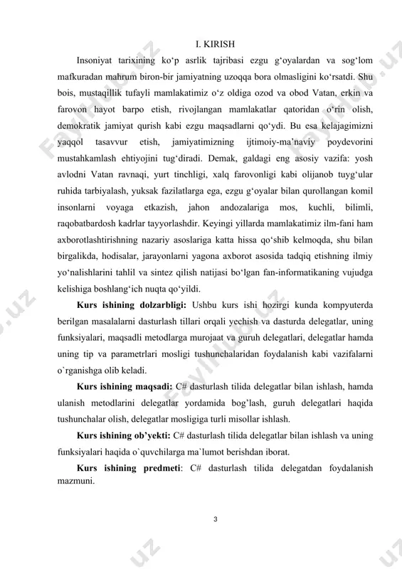 tijasi: umuman olganda, delegatlar chaqiruvchi komponentda vositachi sifatida ishlaydi: chaqiruvchi komponent delegatni chaqiradi, shundan so'ng esa delegat yo’naltirilgan metodni chaqiradi. transformer t = new transformer (square); bu ko’rinishning qisqartmasi quyidagicha: transformer t = square; t(3) ifoda esa t.invoke(3) ifodasining qisqartma shakli. agar delegat parametrlarni qabul qilsa, bu parametrlarning qiymatlari invoke metodiga o’tkaziladi. agar delegat bo'sh bo'lsa, ya'ni uning chaqiruvlar ro'yxatida har qanday metodga murojaatlar mavjud bo’lmasa, unda bunday delegatni chaqirganda uning nol yoki yo'qligini invoke metodi va shartli null operatoridan foydalanib tekshirish yaxshidir. agar delegat qiymat qaytarsa, chaqiruvlar ro’yxatidagi oxirgi metod qiymatini qaytaradi. masalan: using system; namespace qaytarish { class program { delegate int operation(int x, int y); static void main() { operation a=ajratish; a+=add; a+=multiply; console.writeline(a(7,2)); console.readkey(); } private static int add(int x,int y) { return x+y; } private static int multiply(int x,int y) { return x*y; } private static int ajratish(int x,int y) { return x-y; } } …