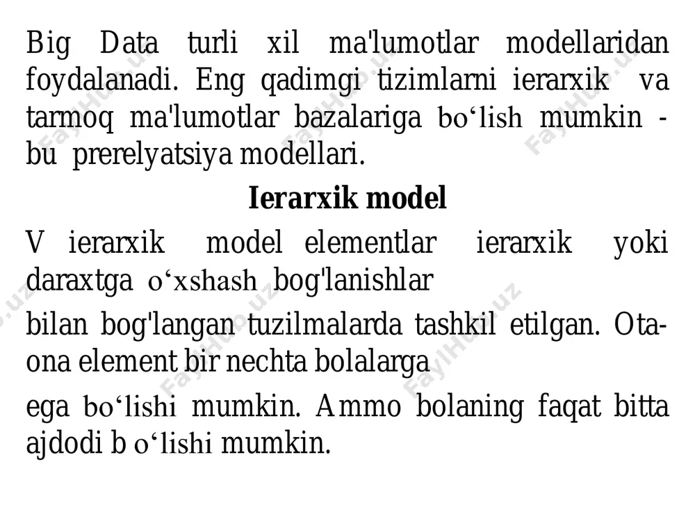 mning uchta farzandi bo‘lsa, unda uchta bola ota-ona elementi bilan bog'lanadi. ierarxik ma'lumotlar bazasida munosabatlar "ota-bola“ birga-ko‘p munosabatlar. ya'ni,bola elementning bir nechta ajdodlari bo‘lishi mumkin emas. tarmoq modeli tarmoq ma'lumotlar modelida ota elementning bir nechta avlodlari bo‘lishi mumkin va bir nechta ajdodlar bo‘lishi mumkin. bunday modeldagi yozuvlar ko‘rsatkichlar bilan ro‘yxatlar bilan bog'langan.idms (" integratsiyalashgan ma'lumotlarni boshqarish tizimi") kompaniyadan computer associates international inc.- tarmoq dbmsga misol.ierarxik model ma'lumotlarni yozuvlar daraxti shaklida tuzadi, bu erda bitta ota-ona va bir nechta bolalar mavjud. tarmoq modeli bir nechta ajdodlar va avlodlarga panjara tuzilishini yaratishga imkon beradi. tarmoq modelining mashhurligi ierarxik modelning mashhurligi bilan mos keldi. ba'zi ma'lumotlar bitta bola uchun bir nechta ajdodlar bilan modellashtirish uchun ancha tabiiydir. tarmoq modeli bizga ko‘p-ko‘p munosabatlarni modellashtirishga imkon bergan narsa edi. uning standartlari rasmiy ravishda 1971 yilda ma'lumotlarni qayta ishlash tizimlari tillari bo‘yicha konferentsiyada aniqlangan . asosiy element tarmoq ma'lumotlar modeli- egasi yozuv turi, to‘plam nomi va …
