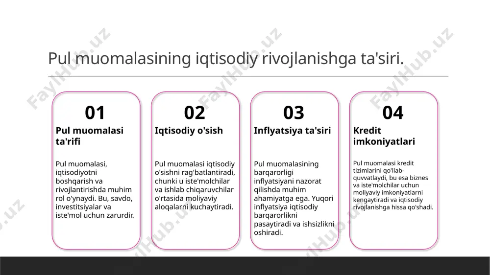 zimlari yangi imkoniyatlarni taqdim etmoqda, masalan, raqamli bank xizmatlari va kichik biznes uchun maxsus kreditlar, iqtisodiy diversifikatsiyani qo'llab-quvvatlaydi. banklar va moliya institutlarining iqtisodiy o‘sishdagi o‘rni. 01 banklarning roli banklar iqtisodiy o‘sishni ta'minlashda muhim rol o'ynaydi, chunki ular mablag'larni yig'ib, investitsiyalarni amalga oshirishga yordam beradi. 02 moliyaviy barqarorlik moliya institutlari iqtisodiy barqarorlikni ta'minlaydi, inflatsiya va deflyatsiyani nazorat qilishda muhim ahamiyatga ega bo'lib, investorlar ishonchini oshiradi. 03 innovatsion yechimlar banklar innovatsion yechimlar va raqamli moliya xizmatlari orqali iqtisodiy o'sishni qo'llab-quvvatlaydi, yangi imkoniyatlar yaratadi va biznesni rivojlantiradi. kredit tashkilotlari: moliyaviy barqarorlikni ta'minlash. kredit tashkilotlari, moliyaviy barqarorlikni ta'minlashda muhim rol o'ynaydi. ular iqtisodiyotda kredit resurslarini taqdim etib, investitsiyalarni rag'batlantiradi. barqaror bank tizimi, iqtisodiy o'sishga yordam beruvchi muhim omil hisoblanadi. - kredit tashkilotlari risklarni boshqarish va qarzlarni taqsimlash orqali barqarorlikni ta'minlaydi. - ular iqtisodiy o'sishni ta'minlash uchun moliyaviy xizmatlar ko'rsatadi. photo by sumup on unsplash banklar va moliya institutlarining xalqaro tizimdagi roli. 1 banklarning roli …