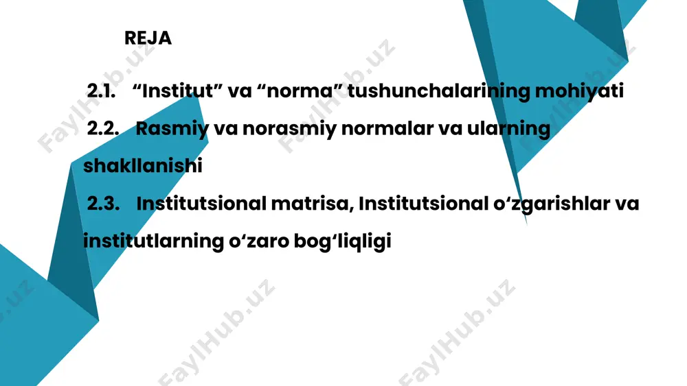ormasi kelishuvlar xili xatti-harakatnung asosiy normasi kelishuv predmeti axborot manbai vaqt (hozir, o‘tmish va kelajak) faoliyat sohasi (misol) bozor sanoatga xos boshqa shaxslar ehtiyojlarini qondirish orqali foydalilikni oshirish tovar va pul narx hozirgi vaqtni nazarda tutish klassik bozor industrial ishlab chiqarish uzluksizligi, hamkorlikni texnologiya talablariga bo‘ysundirish orqali ta’minlaydi texnologik jihozlar standartlar bitimlar kelgusini hozirgi davrga aks ettirish harbiy sanoat majmui an’anaviy an’analarning takrorlanishini ta’minlaydi; kattalik tamoyili o‘tmishga xos bo‘lgan buyumlar odatlar, an’analar bitimlar o‘tgan davrni aks ettirish hisoblanadi oila fuqarolik jamoaviy manfaatlarga bo‘ysunish, mo‘ljal - pareto optimum ijtimoiy boylik qonun hozirgi davrni nazarda tutish siyosiy hayot ijtimoiy fikr mashhurlikka erishish, jamoat eʼtiborini jalb etish nufuzli buyumlar duv- duvlar hozirgi davrni nazarda tutish ommaviy axborot vositalari ijtimoiy faoliyat o‘xshashi yo‘q, betakror natijaga erishish ixtiro iqtidor diskret vaqt ijodiy faoliyat ekologik tabiat bilan uygʼunlashuv, ekologiya talablariga bo‘ysundirish tabiat obyektlari atrof- muhit haqidagi axborot vaqtning davriyligi: tabiiy davriylik tabiyat muhofazasi – tarixan barqaror …
