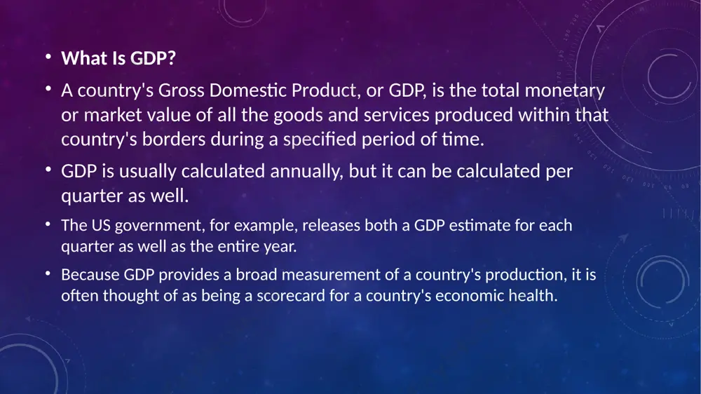l production increased by 8%, and agricultural production grew by nearly 7%.” this achievement reflects the country’s macroeconomic stability and the effectiveness of its socio-economic policies aimed at improving the standard of living. higher incomes: as gdp grows, so do household incomes. for instance, if last year a farmer harvested 1 ton of tomatoes and sold them at 1,500 uzs per kilogram, the total income would be 1.5 million uzs. if this year, by using modern farming techniques, the same farmer produces 1.5 tons at the same price, the total income increases to 2.25 million uzs. increased tax revenues: a rising gdp leads to higher tax revenues, which enables the government to expand social protection programs for the population. gdp serves as a key indicator of a country's economic performance over a specific period (month, quarter, or year). it encompasses the total market value of goods and services produced by …