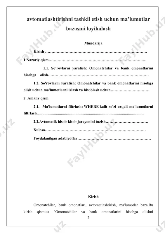 ishning ma'nosi va uning omonatchilik va hisob-kitob sohasidagi roli.ma'lumotlar bazasining o'zgaruvchanligi va maqsadi.ma'lumotlar bazasining tuzilishi va uning funktsiyalari.ma'lumotlar bazasining omonatchilar va bank omonatlarini hisobga olishni avtomatlashtirishdagi roli va kerakliligi.omonatchilar va bank omonatlarini hisobga olishni avtomatlashtirishning talablari.ma'lumotlar bazasining tuzilishi, ma'lumotlarni to'plash va saqlash, ma'lumotlar bazasiga kirish va chiqish jarayonlari.ma'lumotlar bazasini loyihalash: loynish jarayoni, model va qismlarini belgilash, ma'lumotlarni tahlil qilish va ma'lumotlar bazasining qurilishi.xalqaro tajribalar: omonatchilik va bank omonatlari hisob-kitobi sohasidagi xalqaro tajribalar va yaxlitlashishlar.avtomatlashtirilgan omonatchilik hisob-kitob tizimlari misollar bilan ko'rsatish.omonatchilar va bank omonatlarini hisobga olishni avtomatlashtirishning kelajakdagi o'zgarishlarga ta'siri va muhimligi.kurs ishining davomi va keyingi qismi haqida ma'lumot berish.umid qilamanki, ushbu kirish qismi sizning "omonatchilar va bank omonatlarini hisobga olishni avtomatlashtirishni tashkil etish" mavzusidagi kurs ishingizni boshlash uchun yordam beradi. bu asosiy tushunchalarni, konseptlarni va kursning o'ziga xos xususiyatlarni tushuntirishni o'z ichiga oladi.ishga yaroqlik va samaradorlik: omonatchilik va bank omonatlarini hisobga olishni avtomatlashtirish, ish faoliyatini tez va samarali qiladi, xodimlar …