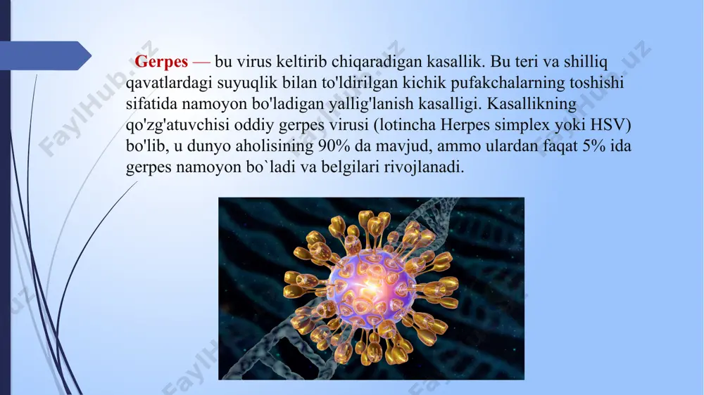 ing bu turi bilan deyarli hech qachon zararlanmaydi. gerpesning ushbu turidagi belgilar: bosh og'rig'i, isitma, achishish, qichishish. hsv 4-turi (epshteyn-barr virusi) tomoq og'rig'i (angina) ning bir shakli bo'lib, unda limfa tugunlari odatdagidan kattaroq bo'ladi. alomatlari: tomoq og'rig'i, o'zini yomon his qilish, bosh aylanishi. yetti kun davomida baland harorat saqlanib qoladi va bodomsimon bezlarda suyuqlik bilan to'la pufakchalar paydo bo'ladi. hsv 5-turi (sitomegalovirus). u ikki xil namoyon bo`ladi: alomatlar umuman kuzatilmaydi yoki kasallik markaziy asab tizimi va organlarga ta'sir qiladi. virusning bu turi jinsiy yo`l bilan yoki kundalik hayotda yuqtiriladi. ushbu virus chaqaloqqa onadan, shuningdek, emizish orqali o'tishi mumkin. hsv 6-turi. virusning bu turi sababli limfoma, limfosarkoma, gemositoblastoma rivojlanadi. hsv 7-turi tufayli surunkali charchoq sindromi paydo bo'ladi. bu bolalik davrida paydo bo'lishi, ammo immun tizimi yomonlashmaguncha o'zini namoyon qilmasligi mumkin. limfotsitlar ko'pincha normal miqdorda bo'ladi, lekin ular virusning harakatlari tufayli o'z vazifalarini normal bajara olmaydi. shu sababli surunkali charchoq rivojlanadi. vaqt …