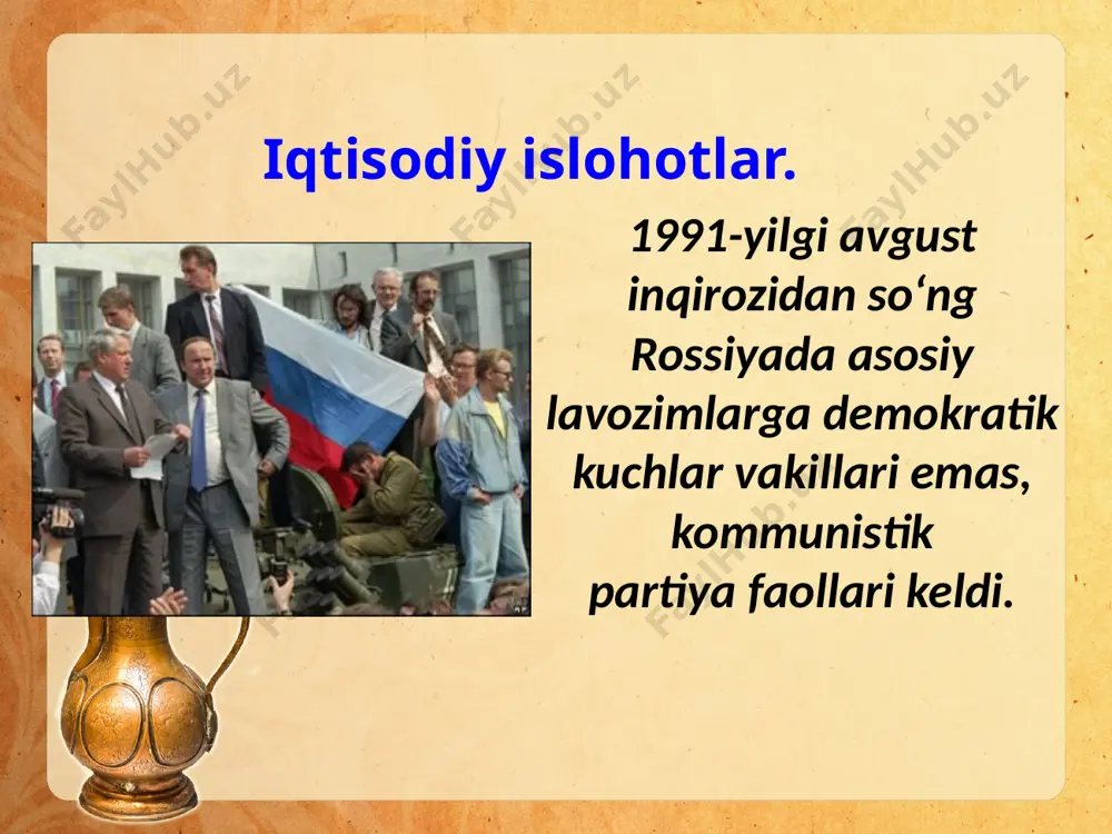 ni o‘tkazib, ularda rsfsr tarkibidan chiqish masalasi qo‘yildi. rossiya chechen-ingush avtonom respublikasida chechen xalqining umummilliy kongressi avtonomiyani checheniston va ingushetiyaga bo‘lishni, chechenistonning rsfsr tarkibidan chiqishini bildirdi. 1992-yili tatariston ham o‘z davlat mustaqilligini e’lon qildi. tatariston prezidenti etib saylangan m. shaymiyev voqealar rivojini o‘z qo‘liga olishga erishdi. m. shaymiyev tatariston 1994-yilda federal hokimiyat bilan vakolatlarni taqsimlash to‘g‘risida shartnomani imzoladi. 1990-yillardagi tashqi siyosat. sssrning tarqalib ketishi rossiya uchun jiddiy geosiyosiy o‘zgarishlarga olib keldi. mamlakat sharqiy va markaziy yevropadagi an’anaviy ittifoqchilaridan ayrildi, ular nato bilan hamkorlik qila boshladilar. rossiya xxi asrda. b. yelsin 1999-yil dekabr oyida iste’foga chiqdi. vaqtincha prezident lavozimini egallagan vladimir putin 2000-yil mart oyida bo‘lib o‘tgan saylovlarda rossiya prezidenti etib saylandi. 2008-yil avgust oyida gruziya o‘zining tarkibiy qismi hisoblangan janubiy osetiya va abxaziyada konstitutsion tartibni tiklash maqsadida bu hududlarni artilleriyadan bombardimon qilishni boshladi. tashqi siyosatda rossiya hal qilishi lozim bo‘lgan masalalardan biri suriya muammosi bo‘ldi. rossiyaning harbiy-kosmik kuchlari 2015-yil sentabrdan …