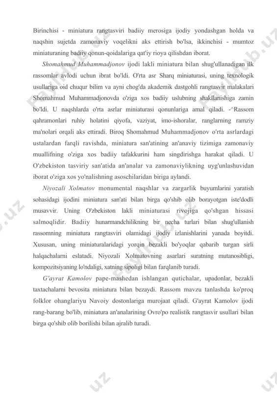 iaturi rangtasvirining an'anaviy lak bilan naqsh solish san'atiga kirib kelishi, o'zbekiston rassomlarining ijodiy amaliyotida san'atning yangi turi - lakli miniaturaning paydo bo'lishiga asos bo'ldi. lakli miniature san'atining shakllanish jarayoni murakkab kechdi. o'tgan 20 yil mobaynida ijodning ushbu turi rivojida ikkita tamoyil ayon bo'ldi. birinchisi - miniatura rangtasviri badiiy merosiga ijodiy yondashgan holda va naqshin sujetda zamonaviy voqelikni aks ettirish bo'lsa, ikkinchisi - mumtoz miniaturaning badiiy qonun-qoidalariga qat'iy rioya qilishdan iborat. shomahmud muhammadjonov ijodi lakli miniatura bilan shug'ullanadigan ilk rassomlar avlodi uchun ibrat bo'ldi. o'rta asr sharq miniaturasi, uning texnologik usullariga oid chuqur bilim va ayni chog'da akademik dastgohli rangtasvir malakalari shomahmud muhammadjonovda o'ziga xos badiiy uslubning shakllanishiga zamin bo'ldi. u naqshlarda o'rta asrlar miniaturasi qonunlariga amal qiladi. -^rassom qahramonlari ruhiy holatini qiyofa, vaziyat, imo-ishoralar, ranglarning ramziy ma'nolari orqali aks ettiradi. biroq shomahmud muhammadjonov o'rta asrlardagi ustalardan farqli ravishda, miniatura san'atining an'anaviy tizimiga zamonaviy muallifning o'ziga xos badiiy tafakkurini ham singdirishga …