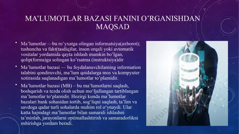 orat. relyatsion ma’lumotlar bazasi modelining afzalliklari mantiqiy modelning soddaligi (jadvallar ma’lumotni taqdim etish uchun ishlatiladi); himoya tizimining moslashuvchanligi (har bir munosabat uchun kirishning qonuniyligi belgilanishi mumkin); ma’lumotlarning mustaqilligi; relyatsion algebra (munosabatlar algebrasi) ning matematik jihatdan qat’iy nazariyasidan foydalangan holda oddiy ma’lumotlarni manipulyatsiya qilish tilini yaratish qobiliyati. hozirgi kunda relyatsion ma’lumotlar bazasi modellari zamonaviy axborot texnologiyalarida eng ko’p qo’llaniladi relyatsion ma’lumotlar bazasi modeli ma’lumotlarning uchta jihati bilan shug’ullanadi: ma’lumotlar strukturasi, ma’lumotlar yaxlitligi va ma’lumotlarni manipulyatsiyasi. struktura ma’lumotlar bazasidagi ma’lumotlarning mantiqiy tashkil etilishini, ma’lumotlar yaxlitligi - ma’lumotlar bazasida saqlanadigan ma’lumotlarning xatosizligi va to’g’riligini, ma’lumotlarni manipulyatsiyasi esa ma’lumotlar bazasidagi ma’lumotlar bo’yicha bajariladigan harakatlarni anglatadi. bu uch jihat, shuningdek, ma’lumotlarni to’plash jarayonining asosiy protseduralarini (saqlash, yangilash va qidirish) aks ettiradi. 1) ma’lumotlar ta’rifi. ma’lumotlar bazasi ma’lumotlar bazasi ma’lumotlar ta’riflarini (tashqi sxemalar, kontseptual sxemalar, ichki sxemalar, shuningdek, barcha bog’liq xaritalar) asl shaklida qabul qilishi va bu ta’riflarni mos keladigan ob’ektlar shakliga aylantirishi kerak. mbbt til …