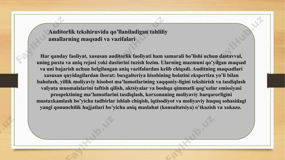milliy auditorlik standartlarini tadbiq etishda xalqaro standartlarning qo’llanish tartibi, rivojlangan mamlakatlardagi audit tizimining tashkil etilishi va unda auditorlik dalillarni olish usullarining xususiyatlariga muhim etibor qaratilishi lozim.chunki, auditorlik tashkilotlari korporatsiyalar, firmalar va boshqa xo’jalik yurituvchi tuzilmalarning ishlab chiqarish, moliya-xo’jalik faoliyatida muomalalarning to’g’ri amalga oshirilganini tasdiqlab, mijozlarning ularga bo’lgan ishonchini mustahkamlashga xizmat qililishida xalqaro audit standartlari asosida auditorlik dalillarni olishdan foydalanib, auditorlik xulosasini tayyorlashi yetakchi omil hisoblanadi. auditning xalqaro standartlari – axs (international standarts of auditing – isas) da standartlash ob’ekti sifatida v – «auditorlik dalillar» (500-599) nomli maxsus bo’lim ajratilgan. ushbu bo’lim 9 ta standartni o’z ichiga oladi: № 500 – «auditorlik dalillar» № 510 – «birlamchi kelishuvlar – boshlang’ich qoldiqlar» № 520 – tahliliy amallar (analytical procedures) № 530 – auditorlik tanlash № 540 – buxgalterlik hisobida baholanadigan qiymatlar auditi № 550 – bog’liq tomonlar № 560 – keyingi hodisalar № 570 – uzluksiz faoliyat № 580 – rahbariyatning bildirgisi …