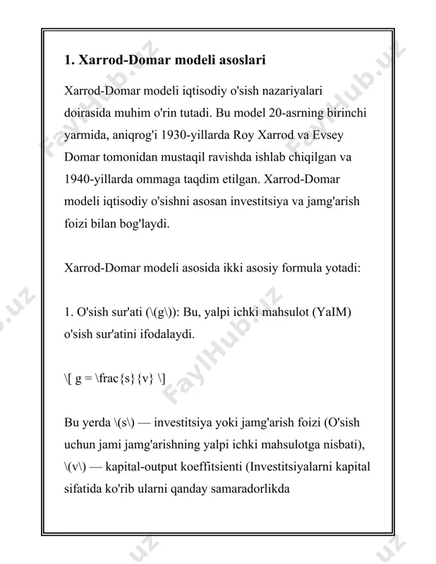 o'sishni uchta asosiy omil orqali tushuntiradi: jamg'arish darajasi, kapital maqsad koeffitsienti va iqtisodiy o'sish sur'ati. bu omillar bir-biriga bog'liq holda iqtisodiy o'sishni belgilaydi. modelda asosiy vazifa iqtisodiy o'sishni optimal darajada ta'minlashdir, bunda ishlab chiqarish omillari samarali foydalaniladi. 1. jamg'arish darajasi (s): jamg'arish darajasi iqtisodiy rivojlanishda muhim omildir, chunki u sarmoya darajasi bilan bevosita bog'liqdir. xarrod-domar modelida jamg'arish darajasi yuqori bo'lsa, iqtisodiy o'sish sur'ati ham yuqori bo'lishi kutiladi. jamg'arishning yuqori darajasi yangi sarmoyalarni moliyalashtirish imkonini beradi va ishlab chiqarishni rivojlantirishga xizmat qiladi. 2. kapital maqsad koeffitsienti (v, yoki icor - incremental capital output ratio): bu koeffitsient yangi kapitalning bir birlik qo'shimcha ishlab chiqarish yaratish uchun zarur bo'lgan miqdorini ifodalaydi. xarrod-domar modelida icor qancha kichik bo'lsa, iqtisodiy o'sish sur'ati shuncha samaraliroq bo'lishi mumkin. masalan, agar icor 3 ga teng bo'lsa, demak, har bir qo'shimcha ishlab chiqarish birlik uchun uch birlik kapital talab qilinadi. bu ko'rsatkich jamg'arma samaradorligini aks ettiradi. 3. iqtisodiy o'sish …
