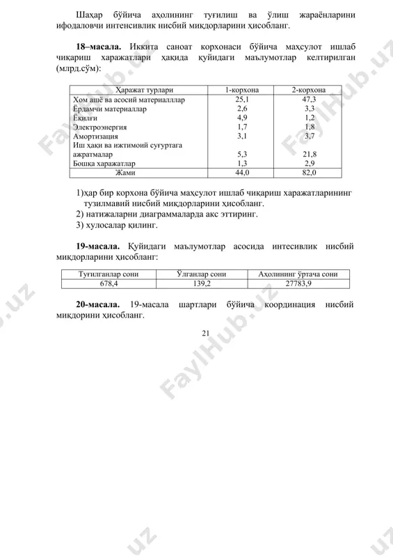 19-масала. қуйидаги маълумотлар асосида интесивлик нисбий миқдорларини ҳисобланг: туғилганлар сони ўлганлар сони аҳолининг ўртача сони 678,4 139,2 27783,9 20-масала. 19-масала шартлари бўйича координация нисбий миқдорини ҳисобланг. 21 4 - масала. корхонада ишлаб чи ? ариш ма ? садларида сарфланган ё ? ил ? и турлари бўйича ? уйидаги маълумотлар мавжуд: ё ? ил ? и турлари ми ? дори шартли ё ? ил ? ига айлантириш коэффициенти 1. мотор ва дизель ё ? ил ? иси (т) 2. мазут , т 3. кўмир, т 4. табиий газ, минг куб.м 550 270 425 680 1,43 1,37 0,90 1,20 корхонада сарфланган ё ? ил ? и умумий ? ажми шартли натура ўлчов бирлигида ? исоблансин . эслатма: шартли ё ? ил ? и бирлигининг исси ? лик бериш ? обилияти =700 кал/кг. 5 - мас ала. жорий йилда ўзбекистон республикасининг ? ишт заводларидан бирида миллий стандарт асосида 155 млн. дона ? ишт …
