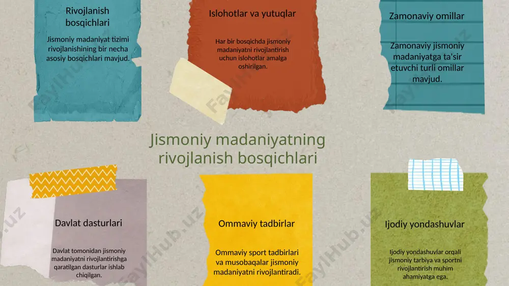 r o'rtasida sport do'stlik va hamkorlikni mustahkamlaydi. salomatlik sport sog'liqni saqlashni yaxshilashga yordam beradi. qisqa maqola yoshlar sport orqali jismoniy faollik, ijtimoiy ko'nikmalar va sog'liqni yaxshilash imkoniyatlarini qo'lga kiritadilar. ijtimoiy natijalar sport yoshlar o'rtasida ijtimoiy aloqalarni kuchaytiradi. jismoniy tarbiya tizimida innovatsiyalar jismoniy tarbiya tizimida innovatsiyalar jismoniy madaniyatni rivojlantirishda muhim o‘rin tutadi. innovatsion yondashuvlar va yangi texnologiyalar, masalan, raqamli sport platformalari, virtual murabbiylar va mobil ilovalar, sportni yanada ommalashtirish va jismoniy faoliyatni oshirishga yordam beradi. ushbu texnologiyalar orqali yosh avlodning sportga qiziqishini oshirish va jismoniy tarbiyani samarali tashkil etish mumkin. photo by anjali mehta on unsplash xulosa - jismoniy madaniyat tizimi o‘zbekiston tarixi davomida muhim rol o‘ynagan. - tizimning rivojlanish bosqichlari va yutuqlari ko‘rsatildi. - zamonaviy holati va muammolarini tahlil qildik. - yoshlar va sport o‘rtasidagi aloqalar muhim ahamiyatga ega. - innovatsion yondoshuvlar va rivojlantirish strategiyalariga e'tibor qaratildi. photo by kadarius seegars on unsplash e'tiboringiz uchun rahmat! image1.png image2.png image3.png image4.png …
