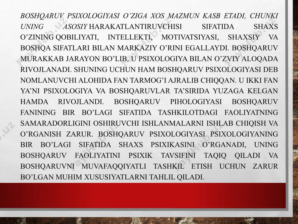 atning turli qatlamidagi xulq-atvori qonuniyatlarini tadqiq qiladi. ijtimoiy psixologiya gurux va omma psixologiyasining xususiyatlari, ularni shaxsning ongi va xulqiga ta’siri, kishilar faoliyatini rag’batlantiruvchi omillar, kayfiyat, ijtimoiy fikrni shakllantiruvchi omillarni o’rganadi. shaxs psixologiyasi oliy nerv faoliyati turlari va inson temperamenti, xarakteri, shaxsning irodasi, qobiliyati, hissiyoti, xotirasi, anglash va his etish qobiliyatini o’rganadi, mehnat psixologiyasi mehnat faoliyatlari, shu jumladan, rahbar va mutaxassislar (kasbiy xususiyat va qobiliyatlari, kadrlarni o’qitish usullari, mehnat jarayonining psixologik jixatlari) faoliyatini o’rganadi. kishilarning fikrlash usulida o’zgarish yuz berishi va ularning madaniy hamda bilim darajasi ortib borishi bilan ijtimoiy-psixologik usullarning ahamiyati ham ortib boradi. bunday sharoitda shaxsning ehtiyoj va manfaatlari ma’naviy soha tomon o’zgarib boradi. o’z mehnatidan qoniqishning muhim omili bo’lib, ishlab chiqaruvchilarning rahbar bilan o’zaro yaxshi munosabati, ishlab chiqarishdagi qulay ijtimoiy-psixologik vaziyat xizmat qiladi. fanning mohiyati boshqaruv jarayonlari: faoliyat, manfaat, o’zaro munosabat, o’z-o’zini boshqarish, insonlar ruhiyatini o’rgangan holda ta’sir ko’rsatish va chet el tajribalarini o’rganishdir. fanning predmeti shaxslar, ijtimoiy …