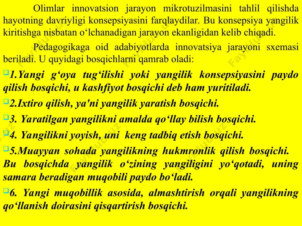 ni boyitish; pedagogik jarayon va shaxs bilimlarini yangilab turish; samarali va ahamiyatli meyorlarni belgilaydigan yangi texnologiyalarni topish; shaxsning o‘z taqdirini o‘zi belgilash va o‘zini o‘zi namoyon qila olishi asosida o‘z rivojlanishini ta'minlash; o‘qituvchi innovatsion faoliyatining eng muhim tavsifi kreativlikdir. kreativlik termini angliya-amerika psixologiyasida 60-yillarda paydo bo‘ldi. u individning yangi tushuncha yaratishi va yangi ko‘nikmalar hosil qilish qobiliyati, xislatini bildiradi. j.gilford kreativlikni tavsiflaydigan qator individual qobiliyatlarni ko‘rsatadi: fikrining ravonligi; fikrni maqsadga muvofiq yo‘llay olishi; o‘ziga xoslik (originallik); qiziquvchanlik; farazlar yaratish qobiliyati; xayol qila olish, fantastlik (fantaziya.) o’qituvchining innovatsion faoliyatini shakllantirish shartlari. innovatsionlik pedagogik jarayonni ifodalab, nafaqat uning didaktik qurilmasiga, balki o‘qituvchining ijtimoiy mohiyatli natijalari va ruhiy qiyofasiga ham taalluqlidir. innovatsionlik ochiqlikni, boshqalar fikrining tan olinishini bildiradi. o‘qituvchining innovatsion faoliyati turli xildagi qarashlarning to‘qnashuvi va o‘zaro boyitilishi dinamikasida amalga oshishini ko‘zda tutadi. o‘qituvchining innovatsion faoliyatini samarali amalga oshirish bir qator shart-sharoitlarga bog‘liq. unga o‘qituvchining tayinli muloqoti aks fikrlarga nisbatan beg‘araz munosabat, turli …