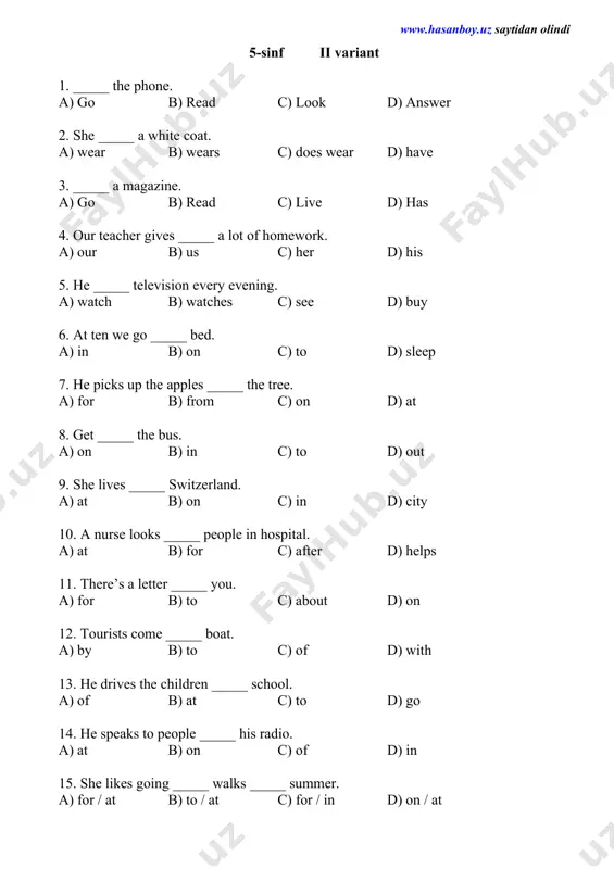 do?” “she is an interpreter.” a) is b) do c) does d) are 10. _____ he sleep well? a) has b) have c) do d) does 11. what _____ you _____ at the weekend? a) does / does b) do / does c) does / do d) do / do 12. what _____ dick and tom like _____? a) do / doing b) doing / * c) do / do d) does / doing 13. do boys like _____ jeans? a) wear b) wearing c) to wear d) worn 14. my classmates _____ on picnic every month. a) went b) goes c) going d) go 15. mary _____ face every morning. a) washes his b) wash my c) washes her d) washes their 16. i _____ a cigarette, but my teacher _____ smoke. a) don’t / smokes b) smoke / doesn’t c) smokes / smokes d) smoke / don’t 17. …