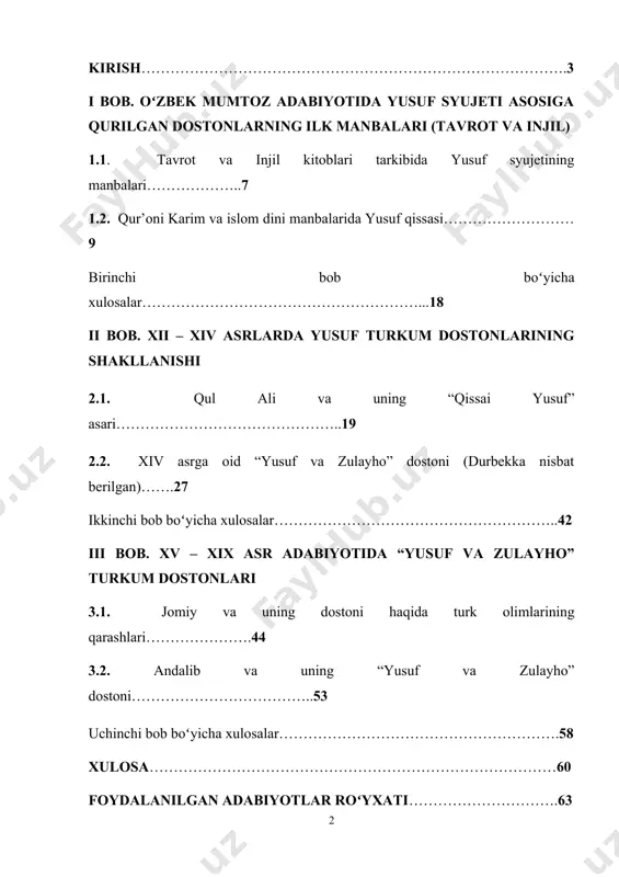 dida turgan muhim vazifalardandir. “adabiyotshunoslik, matnshunoslik, adabiy manbashunoslik, tilshunoslik, falsafa, madaniyat tarixi sohalarida milliy madaniy merosimizning hali oʻrganilmagan koʻpgina qatlamlarini ochib berishga yoʻnaltirilgan ilmiy tadqiqotlarga alohida eʼtibor qaratilayotgan[footnoteref:1]” bugungi kunda “yusuf va zulayho” qissasi genezisini, qissa syujeti asosida turli shoir-u adiblar tomonidan yaratilgan dostonlarning qiyosiy tadqiqini amalga oshirish, badiiy qimmatini aniqlash masalalari har qachongidan ham dolzarbdir. ushbu ilmiy muammoning hal etilishi sayyor syujetlar asosiga qurilgan badiiy asarlar matnini tadqiq qilish, ularning asliyat va nashr nusxalarini qiyosiy oʻrganish, yangi nazariy umumlashmalarga kelish uchun asos berishi jihatidan adabiyotshunoslikda hozirgacha hal etilmagan masalalarga oydinlik kiritish imkoniyatini yaratadi. [1: o‘zbekiston respublikasi prezidenti sh.m.mirziyoyevning 2017-yil 24-maydagi pq-2995-son “qadimiyyozma manbalarni saqlash, tadqiq va targ‘ib qilish tizimini yanada takomillashtirish chora-tadbirlari to‘g‘risida”gi qarori. //xalq so‘zi, 2017-yil 25-may.] tadqiqotning obyekti va predmeti sifatida tavrot, injil, qur’oni karim, qul ali “qissai yusuf”, abdurahmon jomiy “yusuf va zulayho” dostonining ogahiy tarjimasi, durbek hamda nurmuhammad andalibning ushbu mavzudagi qissasi olingan. tadqiqotning predmetini …