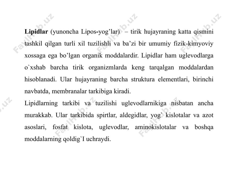 hraydi. ularga fosfolipidlar, sfingolipidlar, glyukolipidlar, murakkab diollipidlar kiradi. murakkab lipidlarning eng muhim katta guruhi fosfolipidlar tarkibida murakkab efir shaklida birikkan yog’ kislotadan tashqari, azot tutuvchi komponent va fosfat kislota mavjud. ularning strukturasi fosfoatsilglitserinlarning azot asoslaridan xolin yo’ki kefalin bilan bog’lanishidan hosil bo’ladi. tarkibida azot sifatida sfingozin saqlovchi sfingolipidlar fosfolipidlar guruhiga yaqindir. murakkab lipidlarning yana bir tipi tarkibida uglevod komponenti tutuvchi glikolipidlar-serebrozidlar va gangliozidlar guruhidir. oddiy lipidlar yog`lar yog`lar tabiatda keng tarqalgan bo`lib, ular odam, hayvon, o`simliklar va mikroorganizmlar, hatto, ayrim viruslar tarkibida uchraydi. maxsus to`qimalarda ularning miqdori 90 % ga yetadi. hozirgi vaqtda yog`larning 600 dan ortiq turi aniqlangan bo`lib, shundan 220 tasi o`simliklardan, 180 tasi quruqlikda yashovchi hayvonlardan, 100 tasi suvda yashovchi hayvonlardan ajratib olingan. yog`lar kimyoviy jihatdan individual moddalar bo`lmay, ularning tarkibida glitserinning yog` kislotalar bilan hosil qilgan murakkab efirlari (triglitseridlar), erkin yog` kislotalar, vitaminlar, pigment moddalar va boshqalar uchraydi. lekin ularning asosiy qismini triglitseridlar tashkil etadi. ularninig …