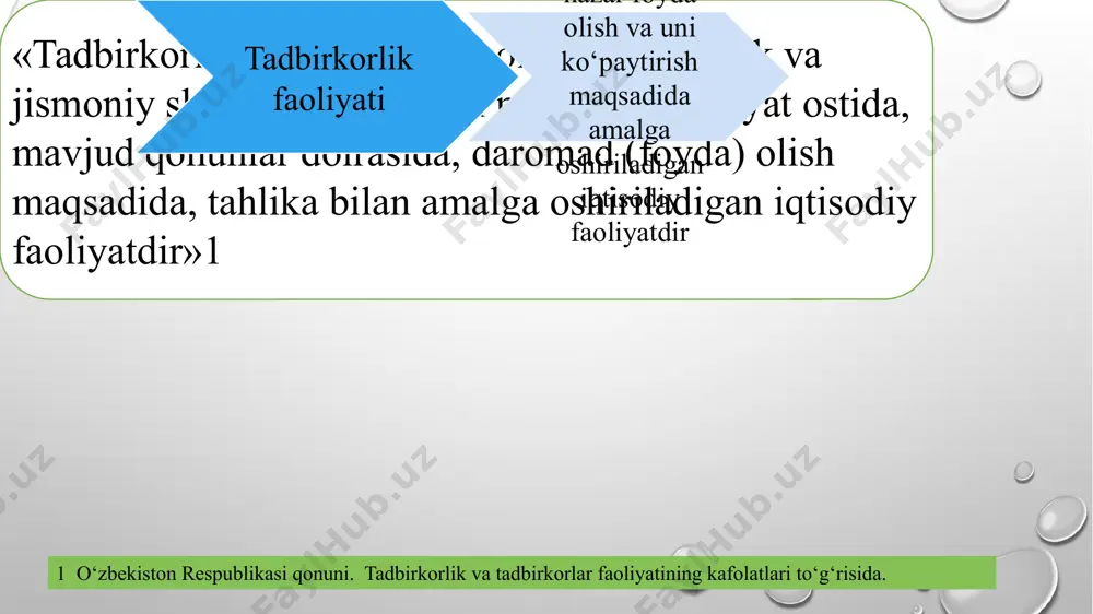 smiylashtirilgan turli omonatchilarning pul mablag‘laridan tarkib topuvchi korxona. ochiq turdagi aksiyadorlik jamiyati – ishtirokchilari o‘zlariga tegishli aksiyalarni boshqa aksiyadorlarning roziligisiz sotib olishi va ularni erkin sotishi huquqiga ega bo‘lgan jamiyat. yopiq turdagi aksiyadorlik jamiyati – aksiyalari faqat uning ta’sischilari yoki oldindan belgilangan boshqa shaxslar doirasida taqsimlanuvchi jamiyat. aksiya – bu uning egasi aksiyadorlik jamiyati kapitaliga o‘zining ma’lum hissasini qo‘shganligiga va uning foydasidan dividend shaklida daromad olish huquqi borligiga guvohlik beruvchi qimmatli qog‘oz. egasi yozilgan aksiya – aksiyadorlik jamiyati reyestrida aksiya egasining nomiga qayd qilinib, faqatgina uning yozma ruxsati bilan oldi-sotdi qilinishi mumkin bo‘lgan aksiya. egasi yozilmagan aksiya – jamiyat aksiyadorlarining reyestriga kiritilmagan holda boshqa shaxslarga mulk qilib beriluvchi hamda erkin tarzda oldi-sotdi qilinuvchi aksiya. oddiy aksiya – dividendni qo‘yilgan mablag‘ga mutanosib ravishda taqsimlash imkonini beruvchi aksiya. imtiyozli aksiya – aksiyadorlik jamiyati dividendi va mol-mulkini taqsimlashda oddiy aksiya egasiga nisbatan ustunlik beruvchi aksiya. bu yerda : ак – aksiya kursi; д …