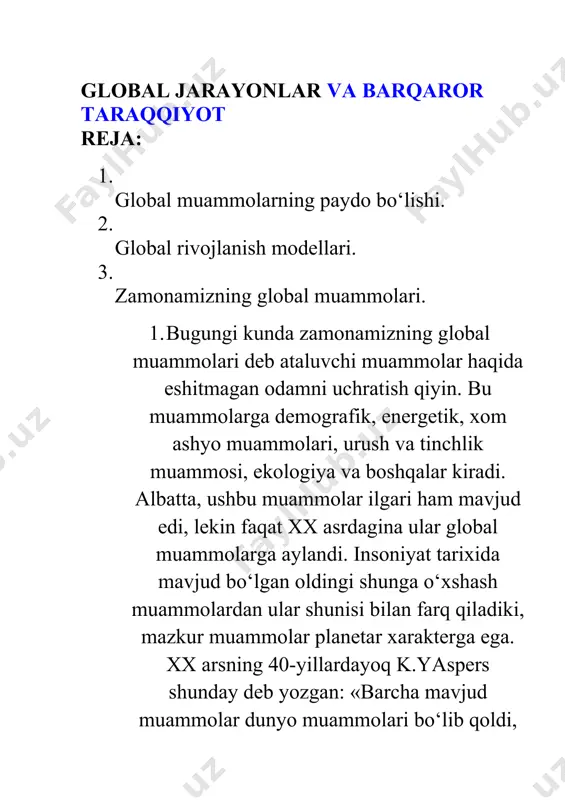 yuklar shu qadar ko‘paydiki, ular yangi geologik kuchga aylandi (v.i.vernadskiy). bu kuch planetaning butun qiyofasini o‘zgartirishga, biosferada ortiga qaytmas sifat o‘zgarishlariga olib kelishga qodir. bu o‘rinda ozon qatlamining buzilganligi yoki tropik o‘rmonlarning yo‘q qilinganligini eslashning o‘zi kifoya. vaziyat shundayki, insonning o‘zining yashab qolishi haqidagi masala kun tartibiga qo‘yilgan. 2. ijtimoiy rivojlanishidagi notekislik, mustamlakachilik, shuningdek, dunyo boyliklarini iste’mol qilishi va taqsimlashdagi adolatsizlik shunga olib keldiki, boy va kambag‘al mamlakatlar paydo bo‘ldi. bu hol sobiq mustamlaka va rivojlanayotgan mamlakatlarning qoloqligi va shu bilan bog‘liq bo‘lgan ochlik, savodsizlik kabi global muammolarni tug‘dirdiki, bu o‘z navbatida insoniyat oldiga ana shu uzilishni yo‘qotishga qaratilgan yangi tartibni yaratishdan iborat global muammoni qo‘yadi. ijtimoiy rivojlanishdagi ana shu notekislik urushlarga ham sabab bo‘ldi. biroq xx asrgacha davlatlar o‘rtasidagi nizolar va ularning oqibatlari lokal-mintaqaviy xususiyatga ega edi. xx asr jahon urushlarini yuzaga keltirdi. hozirgi qurol-yarog‘larning xususiyatini hisobga oladigan bo‘lsak, uchinchi jahon urushi yuz bergudek bo‘lsa, bo‘lsa, butun insoniyat yo‘q …