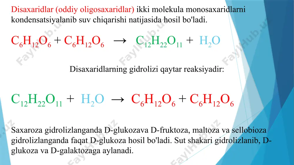 mal inson uchun eng muhim ozuqa moddalaridan biridir. kraxmal-(c6h10o5)n kraxmal donasi ikki xil moddadan tuzilgan: donaning qobig'i amilopektindan va ichki qismi esa amilozadan iborat. amilopektin va amilozaning miqdori taxminan 3:1 nisbatda bo'ladi.amiloza 10-20% ni, amilopektin esa 80-90% ni tashkil qiladi. amiloza yod bilan toza ko'k rang, amilopektin esa qizg'ish-binafsha rang hosil qiladi. amilopektin molekulalari ham glyukoza qoldiqlaridan iborat bo'lib, amiloza va amiloza chiziqli amilopektin tarmoqlangan tuzilishga ega. amilopektin molekulasida glyukoza qoldiqlarining soni amilozadagiga qaraganda ko'p. amilopektin suvda erimaydi, bo'kib kleyster hosil qiladi. amiloza 10-20% amilopektin 80-90% olinishi. kraxmal, ko'pincha, kartoshkadan olinadi. buning uchun kartoshka maydalanadi, sovuq suv bilan yuviladi va katta idishlarga solib tindiriladi. hosil bo'lgan kraxmal yana bir marta suv bilan yuviladi, tindiriladi va iliq havo oqimida qurutiladi. kraxmal mineral kislotalar ishtirokida qizdirilganda, uning katta molekulalari kichikroq molekulali suvda eriydigan (c6h10os)m dekstrinlarga parchalanadi. dekstrinlar, o'znavbatida, gidrolizlanib, maltozaga, maltoza molekula esa ikki molekula d-glukozaga parchalanadi. buni quyidagi sxema bo'yicha ifodalash …