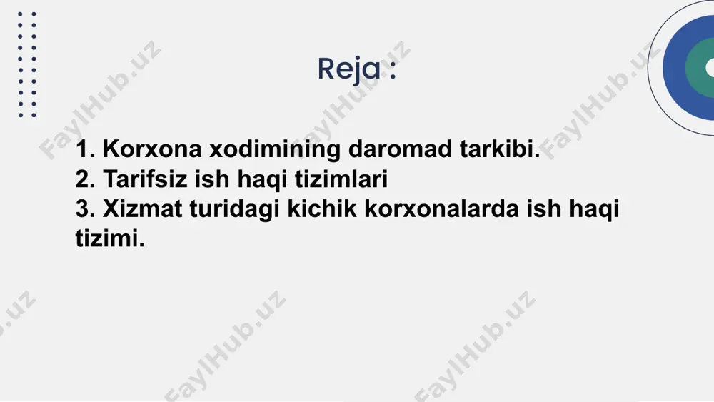 r .iqtisodiy mohiyatiga ko'ra mukofotlarning ikki turi ajratiladi: 1) ishlarni sifatli va o'z vaqtida bajarganlik uchun:  shartnomalar va ish bosqichlarini sifatli va o'z vaqtida bajarganlik uchun;  yil davomidagi ish natijalari bo‘yicha,  bo‘lim boshlig‘i fondidan; 2) ustaxona va korxona faoliyatining umumiy natijasiga xodimning shaxsiy ijodiy hissasi uchun:  ixtirolar va ixtirochilik takliflari uchun mualliflik haqi,  yangi texnik va tashkiliy takliflarni ishlab chiqishda faol ishtirok etganlik uchun mukofotlar. ta’rifsiz ish haqi tizimlari tarif tizimiga asoslangan mehnatga haq to'lash shakllari bilan bir qatorda, soatlik tarif stavkalari, tarif jadvallari, korxonalarni toifalarga bo'lish tizimi kabi tarif tizimining klassik elementlariga asoslanmagan ko'plab haq to'lash variantlari paydo bo'ldi. rahbarlar va mutaxassislarning ish haqi darajasiga va hokazo. bunday tizimlar tarifsiz deb ataladi. ta’rif bo’lmagan ish haqi modifikatsiya turlari oylik ish haqi asosida umumiy ish haqi turli sifatdagi ulush tizimi mehnat reytingi asosida to’lov xorijiy mamlakatlarda rasmiy eng kam ish haqqini belgilanishi mamlakat belgilash maqsadi …