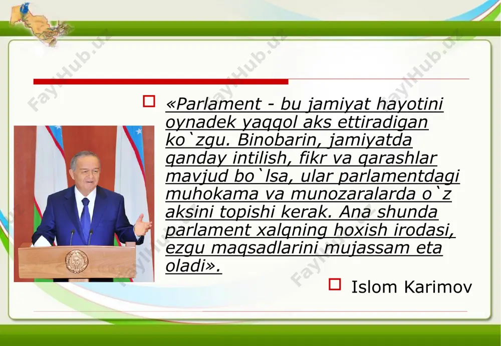 kiston respublikasi oliy majlisining senati to`g’risida»gi konstitutsiyaviy qonunlarning qabul qilinishi bilan ikki palatali parlament shakllantirishning asosiy huquqiy asoslarini yaratish jarayoni muhim ahamiyat kasb etdi. "o`zbekiston respublikasi oliy majlisining qonunchilik palatasi to`g’risida"gi konstitutsiyaviy qonunga binoan "qonunchilik palatasi" o`zbekiston respublikasi oliy majlisining quyi palatasidir. qonunchilik palatasi saylov okruglari bo`yicha ko`ppartiyaviylik asosida saylanadigan bir yuz yigirma deputatdan iborat. qonunchilik palatasining ishi palata barcha deputatlarining professional, doimiy faoliyat ko`rsatishiga asoslanadi o`zbekiston respublikasi oliy majlisining qonunchilik palatasi to`g’risida"gi o`zbekiston respublikasi konstitutsiyasining 79-moddasida qonunchilik palatasining mutlaq vakolatlari quyidagicha belgilandi: 1) qonunchilik palatasining spikeri va uning o`rinbosarlarini, qo`mitalarning raislari va ularning o`rinbosarlarini saylash; 2) o`zbekiston respublikasi bosh prokurorining taqdimiga binoan qonunchilik palatasi deputatini daxlsizlik huquqidan mahrum etish to`g’risidagi masalalarni hal etish; 3) reglamentni hamda o`z faoliyatini tashkil etish va palataning ichki tartib qoidalari bilan bog’liq masalalar yuzasidan boshqa qarorlarni qabul qilish; 4) siyosiy, ijtimoiy-iqtisodiy hayot sohasidagi u yoki bu masalalar yuzasidan, shuningdek davlat ichki va tashqi siyosati …