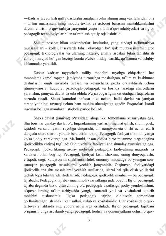 h, shuningdek, iqtidorli va salohiyatini ruyobga chiqarishi, uni namoyon eta olishi uchun etarli darajada shart-sharoit yaratib bera olishi lozim. pedagogik faoliyat o‘z mohiyatiga ko`ra ijodiy xarakterga ega. ma`lumki, inson oldida biror muammo turgandagina ijodkorlikka ehtiyoj tug`iladi.o‘qituvchilik faoliyati ana shunday xususiyatga ega. pedagogik ijodkorlikning asosiy mohiyati pedagogik faoliyatning maqsadi va xarakteri bilan bog`liq. pedagogik faoliyat kishi shaxsini, uning dunyoqarashi, e`tiqodi, ongi, xulqatvorini shakllantirishdek umumiy maqsadga bo‘ysungan son-sanoqsiz pedagogik masalalarni yechish jarayonidir. o`qituvchi faoliyatidagi ijodkorlik ana shu masalalarni yechish usullarida, ularni hal qila olish yo`llarini qidirib topa bilishlarida ifodalanadi. pedagogik ijodkorlik manbai — bu pedagogik tajribadir. pedagogik tajriba- muammoli vaziyatlarga juda boydir. ilg`or pedagogik tajriba deganda biz o`qituvchining o‘z pedagogik vazifasiga ijodiy yondoshishini, o`quvchilarning ta`lim-tarbiyasida yangi, samarali yo`l va vositalarni qidirib topishini tushunamiz. ilg`or pedagogik tajriba o`qituvchi tomonidan qo`llaniladigan ish shakli va usullari, uslub va vositalaridir. ular vositasida o`quv-tarbiyaviy ishlarda eng yuqori natijalarga erishiladi. ilg`or pedagogik tajribani o`rganish, unga asoslanib yangi pedagogik …