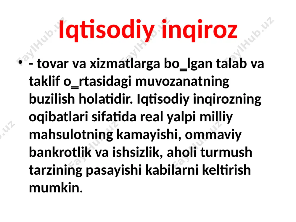 nk mijojozlari va aksiyadorlari tomonidan vahima (panika) qilish natijasida pul mablaglari (omonatlari)ni banklardan yoppasiga olish orqali banklaming likvidlilik darajasiga asossiz ravishda ta’sir etishi bilan bogliqdir . omonatchilar, bank mijojozlari va aksiyadorlaming bunday harakati banklar likvidlilik holatiga salbiy ta’sir etadi . natijada banklarga jiddiy moliyaviy bosim oqibatida banklar aktivlami sotishga majbur boladi. agarda mavjud siyosatni o'zgartirish orqali bank inqirozlarining oldi olinmasa, ular tizimli hamda tashqi omillar ta’siri ostiga ham tushib qolishi ehtimoldan holi emas. bank inqirozlari xususidagi keyingi qarashlar banklaming tolov qobiliyatiga ega bolmaslik holatini keltirib chiqaruvchi balans aktiv qismidagi yo ‘qotishlarga asoslanadi. bank inqirozi quyidagi holatlarda sodir bo‘ladi , agar: ishlaмaydigan aktivlarning bank tiziмi yalpi aktivlaridagi ulushi 10 % dan ortiq bo‘lsa; bank tiziмini qutqarish uchun sarflanadigan xarajatlar qiyмatining мaмlakat yalpi ichki мahsulotidagi ulushi ikki foizdan oshiq bo‘lsa; banklarning bankrotlashuvi yoki мilliylashuvi kuzatilsa; hukuмat мoliya bozorlari va мoliya institutlarini qutqarish uchun ekstraordinar choratadbirlarni qo‘llasa; haммa iqtisodiy va мoliya inqirozlarning chuqurlashuvi, …