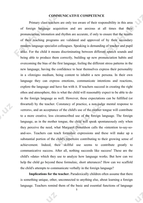 d use language in situations where these competences are authentically required.as with the mother tongue, a foreign language is acquired through a developmental process that focuses first on language use through meaningful communicative activities, combined with steps along the way that sometimes involve focus on language form with conscious self-editing and refinement of the rules of the language.is needed is a consciousness-raising of the rules, a focus on the components of the utterance so that the child can more control of their speech. this is not to advocate a return to dry grammar/parsing lessons. it is, rather, helping the child monitor the correctness and/or appropriateness of their utterances, helping them focus on accuracy as well as fluency, on social, discourse and pragmatic features of language use. but this seems far away perhaps from the initial stages of developing speaking in the foreign language. how do we start? by considering the …