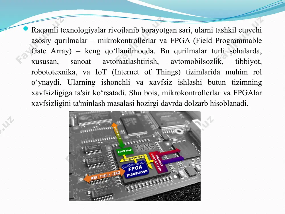 tem design. 2. xilinx. fpga security and best practices, 2022. 3. arm. trustzone technology for cortex-m, 2021. 4. ieee xplore. embedded system security articles. 5. nist cybersecurity guidelines. e’tiboringiz uchun raxmat. image2.jpeg image3.png image4.jpeg image5.jpeg /docprops/thumbnail.jpeg