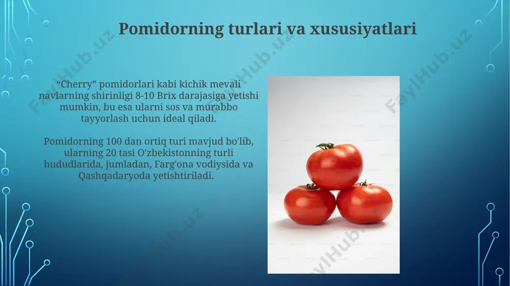 o'rganish, o'zbekistonning janubiy viloyatlarida 50% gacha hosil yo'qotilishini kamaytirishga yordam beradi, chunki yangi texnologiyalar va saqlash usullari samaradorligini oshiradi. konservalangan pomidor retseptlari konservalangan pomidor retseptlari orasida 500 gramm pomidor uchun 10 gramm tuz va 2 gramm shakar qo'shishni nazarda tutuvchi andijon viloyati retseptlari keng tarqalgan. samarqand mintaqasida an'anaviy ravishda 2 kg pomidor uchun 50 ml sirka qo'shiladigan konservalangan pomidor retseptlari avloddan-avlodga o'tib kelmoqda, bu esa mahsulotning saqlanish muddatini uzaytiradi. e'tiboringiz uchun rahmat @taqdimot_robot image3.jpg image4.jpg image5.jpg image6.jpg image7.jpg image8.jpg image9.jpg image10.jpg image11.jpg image12.jpg image13.jpg image2.png