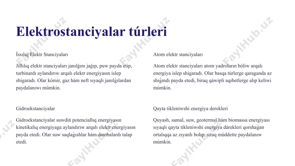 kleniwshi energiya dárekleri (quyash, samal, geotermal hám biomassa) qorshaǵan ortalıqqa az zıyanlı bolıp, uzaq múddetli paydalanıw imkaniyatın beredi. quyash energiyası quyash panellerinde, samal energiyası samal turbinalarında, geotermal energiyası bolsa jerdiń jıllılıǵınan paydalanıp elektr energiyasın islep shigaradı. biomassa bolsa organikalıq materiallardıń janıwınan alınatuģın energiya esaplanadı. 4 qayta tikleniwshi energiyanıń abzallıqları qorshaǵan ortalıqqa ziyansız quyash, samal hám suw energiyası sıyaqlı qayta tikleniwshi energiya dárekleri shıǵındı gazlerin shıǵarmaydı, bul bolsa hawanıń pataslanıwın azaytadı. turaqlı quyash hám samal sıyaqlı energiya dárekleri sheksiz bolıp, keleshek áwladlar ushın energiya támiynatın kepilleydi. ekonomikalıq abzallıqlar qayta tikleniwshi energiya derekleri uzaq múddette ekonomikalıq payda keltiriwi múmkin, sebebi olar janılģı qárejetlerin azaytadı. jaqsı jumıs orınları qayta tikleniwshi energiya sanaatı jumıs orınların jaratadı, bul bolsa ekonomikalıq ósiwge úles qosadı. 5 jıllılıq elektr stanciyalarınıń zıyanları hawa pataslanıwı jillılıq elektr stanciyaları kómir, gaz hám neftti jaǵıw nátiyjesinde kúkirt dioksidi (so2), azot oksidleri (nox), uglerod oksidi (co) hám zıyanlı shań bólekshelerin (pm2.5 hám pm10) …