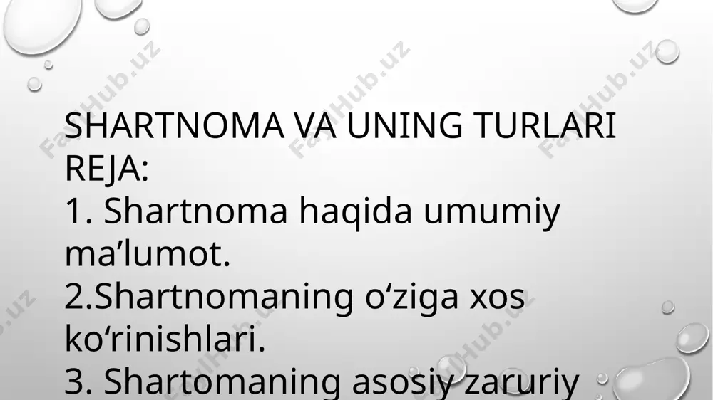 ng buzilishi shartnomaning qonuniy kuchini yo‘qqa chiqaradi va uni shu ahvolda tuzgan yoki tuzishga yo‘l qo‘ygan mansabdor shaxslarga nisbatan javobgarlikni yuzaga keltiradi. shartnomalar og‘zaki va yozma usulda, shuningdek, notarial idoralar tomonidan tasdiqlangan holda tuzilishi mumkin. shartnomalarning ayrim turlari, chunonchi, ko‘chmas mulk hamda avtotransport vositalari oldi-sotdi shartnomasi tegishli tartibda davlat organlarida qayd qilinishi zarur. shartnomalar ularni tuzishga vakil qilingan shaxslar tomonidan imzolanadi; bunda «imzo» degan zaruriy qismda imzo qo'ygan shaxslarning lavozimlari emas, balki shartnomaviy munosabatlar o‘rnatayotgan yuridik shaxslarning (to‘liq yoki qisqargan) nomi ko'rsatiladi. shartnomaning matni varaqning har ikkala tomoniga kompyuterda yoki yozuv mashinkasida bir oraliq bilan yoziladi, boblarning bandlari esa, o‘zaro bir yarim oraliq bilan ajratiladi. «sh a r t n о m а» so‘zini katta harflar bilan orasini ochiq qilib yozish tavsiya etiladi. ma’lumki, o‘zbekiston respublikasi vazirlar mahkamasining 1993-yil 19-iyundagi 297-sonli va o'zbekiston respublikasi fan va texnika davlat qo'mitasining 1993-yil 26-iyundagi qaroriga muvofiq o‘quv yurtlari va ilmiy muassasalar, jumladan o‘zbekiston …