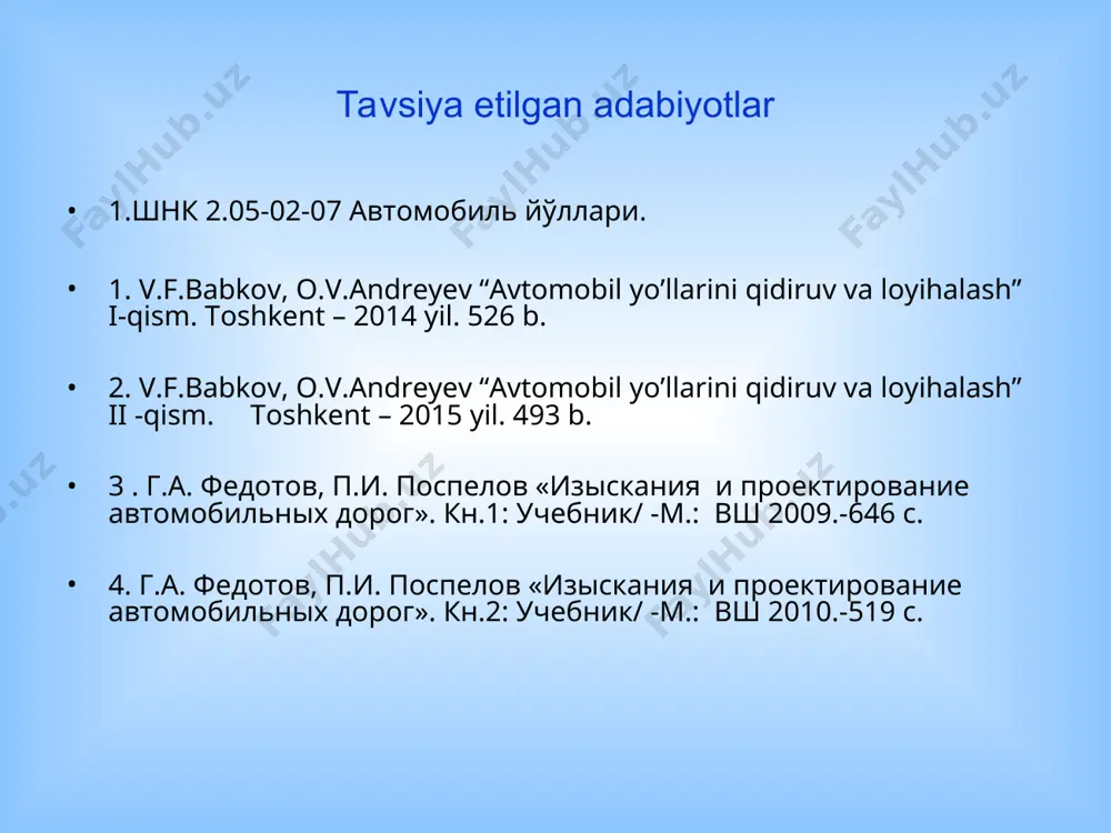 echa yuz yillar avval xalqlarni bir - biri bilan bog’lagan karvon yo’llari bugun magistral yo’llarga aylandi. shunday yo’llardan biri buyuk ipak yo’lidir. mag’ribu, mashriqni bog’lagan, xalqlar tarixi va taraqqiyotining eng kuchli xalqalaridan biri bo’lgan buyuk ipak yo’li dunyoga mashhur buxoro, samarqand, qo’qon va o’sh shaharlari orqali qashqardan o’tib, yo’nalishini davom ettirgan. bu yo’nalish yevropo qit'asini osiyoning okean sarhadlari bilan bog’laydigan va xalqaro miq'yosda oltin kamar vazifasini bajaruvchi muhim arteriya hisoblanadi. hozirda esa " transkontinental yo’nalishi" deb nom olgan " buyuk ipak yo’li" ni tiklash to’g’risidagi qonunni qabul qilinishidan, transport yo’lagi bo’yicha xalqaro anjumanlarda qatnashib, shartnomalar, bitimlar tuzilishi, ayniqsa "evropa -kavkaz- osiyo" transport yo’lagi (traseka)ni rivojlantirish bo’yicha olib borilayotgan ishlardan maqsad portlarga, dengizlarga, jahon bozoriga chiqish va o’zbekistonning rivojiga rivoj qo’shishdir. * * vavilondagi qadimgi yoʻl koʻndalang kesimi 1-suglinokli grunt, 2- asfaltli mastikaga terilgan 3 qavatli hishtli qoplama; 3- ohaktoshli plitalar, 4- trotuar, 5-devor * 1-bazaltli plitalar 80x40x50 sm; 2- 0-15sm …