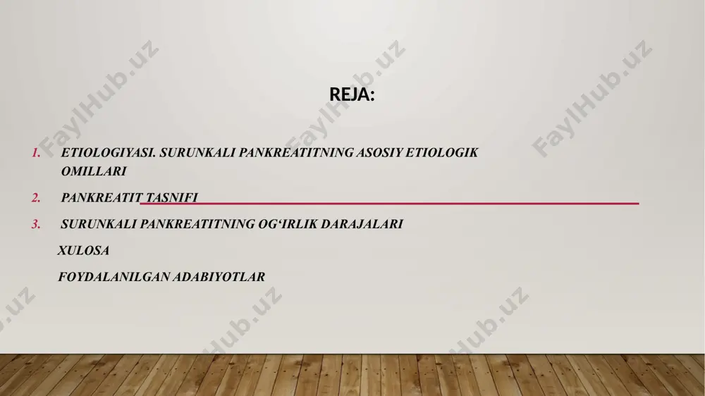 an o‘tkir pankreatit (10% holatlarda kuzatiladi). nasliy moyillik (surunkali pankreatit bilan kasallangan bemorlarda hla al, b8, b27, cw1 tizimining antigenlari aniqlanadi). idiopatik surunkali pankreatit - kasallikning faqat 60—80%da etio- logiyasi aniqlanadi, qolgan holatlarda kasallik noma’lum etiologiyali deb ataladi. patogenez. surunkali pankreatitda asosiy patogenetik mexanizm bo‘lib, o‘z fermentlar (tripsinogen, xemotripsinogen, proelastaza, fosfolipaza a) faolligining oshishi natijasida bez to'qimasining zararlanishi (slush, koagulyatsion nekroz, bez to‘qimasining fibrozi) hisoblanadi. atsinar hujayralaming o‘limi va me’da osti bezi sekretor yol lining obstruksiyasi natijasida 12 b.i. pankreatik fermentlar ajralishi susayadi. natijada, me’da osti bezining tashqi sekretor yetishmovchiligi kelib chiqadi. langerxans orolchasining zararlanishi natijasida uning endokrin fao- liyati buziladi: glyukagon yetishmasligi (gipoglikemik sindrom) va insu­lin yetishmasligi (qandli diabet) kelib chiqadi. yevropa mamlakatlarida qabul qilingan (marsel—rim, 1988) tasnif- ga ko‘ra quyidagi klinik shakllari farqlanadi: surunkali kalsifikatsiyalangan pankreatit — kasallikning ko‘p uchraydigan shakli bo‘lib, ko‘proq alkogol etiologiyali bo‘ladi. me’da osti bezi- ning notekis zararlanishi va kalsifikatsiyasi, bez yollarida toshlar hosil …