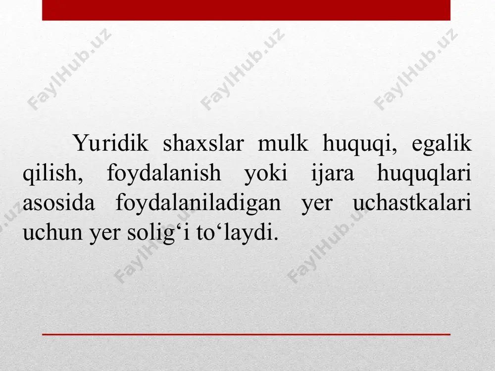 yidagi muddatlarga taqdim etiladi: qishloq xo‘jaligiga mo‘ljallanmagan yerlar bo‘yicha — joriy soliq davrining 20-yanvaridan kechiktirmay; qishloq xo‘jaligiga mo‘ljallangan yerlar bo‘yicha — joriy soliq davrining 1-mayidan kechiktirmay. soliq to‘lovchilar soliqni aniqlangan soliq bazasidan va tegishli soliq stavkasidan kelib chiqqan holda mustaqil ravishda hisoblab chiqaradi. ko‘p kvartirali uylarda joylashgan turar joy bo‘lmagan ko‘chmas mulk obyektlari bilan band bo‘lgan yer uchastkalari bo‘yicha soliq turar joy bo‘lmagan ko‘chmas mulk obyektining qavatlar soniga bo‘lingan maydonidan kelib chiqqan holda hisoblanadi. qishloq xo‘jaligi uchun mo‘ljallanmagan yerlar uchun soliqni to‘lash quyidagicha amalga oshiriladi: aylanmadan soliq to‘lovchilar uchun − yillik soliq summasining to‘rtdan bir qismi miqdorida, har chorak uchinchi oyining 20-sanasidan kechiktirmay; aylanmadan soliq to‘lovchi bo‘lmagan soliq to‘lovchilar uchun — yillik soliq summasining o‘n ikkidan bir qismi miqdorida, har oyning 10-sanasidan kechiktirmay. bunda yanvar oyi uchun 20-yanvardan kechiktirmay amalga oshiriladi. qishloq xo‘jaligiga mo‘ljallangan yerlar uchun soliqni to‘lash quyidagicha amalga oshiriladi: hisobot yilining 1-sentabriga qadar — yillik soliq summasining 30 …