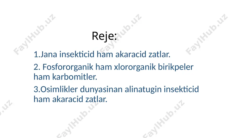 rende sarigish aralas boladi, ozine tan iyisli.+25 gradusta erip ketedi, +50 gradustan joqari temperaturada ddvf ga aylanadi. suwda 1:7 qatnasta eriydi. satiw ushin shigarilgan xlorofos quraminda 97 yaki 80% taza zat boladi. insekticid sipatinda 3-10 minut dawaminda oltiriwshi tasir korsetedi. kenelerge eritpe turinde qollanilganda keneler olimi 1-8 saat ishinde boladi. shibinlar xloroflostin 0,1%eritpesinde 2-5 minut ishinde oledi. olardin tasir kushi 1metr uzaqliqtanda tasir etedi. xlororganik birikpeler geksaxloran-xlordin benzolga birigiwi natijesinde alinadi. suwda erimeydi, asetonda 1:2, benzolda 1:3, efirde 1:5, xloroformda 1:4 qatnasta eriydi. osimlik ham mineral maylarda jaqsi eriydi. geksaxloran kushli insekticid ham akaracid tasirge iye. kreolinge nisbatan 8-20 marte, arsenat natriyge nisbatan 2-6 marte kushli tasir etedi. as siniriw sistemasi ham dem aliw jollari hamde bazan shibin-shirkeylerdin xitin qabigi arqali otip tasir etedi. shibin-shirkeyler ansat ham tez waqit 20-40minut ishide oledi. osimliklerden alinatugin insekticid ham akaracid zatlar. kavkaz romashkasi-kop jilliq osimlik, quramali guldoshlar, 2 turi bar: 1. pushti romashka- …