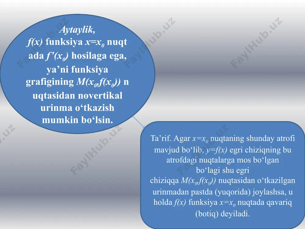 y’’>0, agar x 0 tengsizlikni yechamiz, uning yechimi (-1,0)(1,+) to‘plamdan iborat. demak, funksiya (-1,0)(1,+) to‘plamda musbat va (-,-1)(0,1) to‘plamda manfiy qiymatlar qabul qiladi. funksiyani to‘la tekshirish va grafigini yasash 4) og‘ma asimptotaning burchak koeffitsientini topamiz: k== =(x2-1)=. demak, og‘ma asimptota mavjud emas. vertikal asimtotalar ham mavjud emas (chunki, uzilish nuqtalari yo‘q). 5) funksiya hosilasini topamiz: y’=3x2-1.hosilani nolga tenglashtirib statsionar nuqtalarini topamiz: y’=0 yoki 3x2-1=0, bundan x=-1/, x=1/. ushbu (39-a-chizma) sxemani chizamiz, va intervallar metodidan foydalanib funksiya hosilasining ishoralarini aniыlaymiz. bundan funksiya(-,-1/) va (1/,+) intervallarda monoton o‘suvchi, (-1/,1/) intervalda monoton kamayuvchi; x=-1/ nuqtada maksimumga, x=1/nuqtada minimumga ega ekanligi kelib chiqadi. ekstremum nuqtalarida funksiya qiymatlarini hisoblaymiz: agar xmax=-1/ bo‘lsa, u holda ymax=2/(3); agar xmin=1/ bo‘lsa, u holda ymin=-2/(3) bo‘ladi. 6) ikkinchi tartibli hosilani topamiz: y’’=6x. ikkinchi tartibli hosilani nolga tenglashtirib y’’=6x=0, x=0 ekanligini topamiz. sxemani (39-b-chizma) chizamiz va hosil bo‘lgan intervallarda ikkinchi tartibli hosila ishoralarini aniqlaymiz. bundan x=0 nuqtada burilish mavjud, (-;0) …