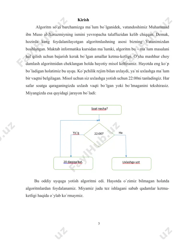 ajarilishi shart ekan. ommaviylik. har bir algoritm mazmuniga ko’ra bir turdagi masalalarning barchasi uchun ham o‘rinli bo‘lishi kerak. ya’ni masaladagi boshlang’ich ma’lumotlar qanday bo‘lishidan qat’iy nazar algorim shu xildagi har qanday masalani yechishga yaroqli bo‘lishi kerak. masalan, ikki oddiy kasrning umumiy mahrajini topish algoritmi, kasrlarni turlicha o’zgartirib bersangiz ham ularning umumiy mahrajlarini aniqlab beraveradi. yoki uchburchakning yuzini topish algoritmi, uchburchakning qanday bo‘lishidan qat’iy nazar, uning yuzini hisoblab beraveradi. natijaviylik. har bir algoritm chekli sondagi qadamlardan so’ng albatta natija berishi shart. bajariladigan amallar ko’p bo’lsa ham baribir natijaga olib kelishi kerak. chekli qadamdan so’ng qo’yilgan masala yechimga ega emasligini aniqlash ham natija hisoblanadi. agar ko’rilayotgan jarayon cheksiz davom etib natija bermasa, uni algoritm deb atay olmaymiz. algoritimlarni loyihalash va tahlil qilish algoritm — bosqichma—bosqich protsedura boʻlib, kerakli natijani olish uchun maʼlum tartibda bajarilishi kerak boʻlgan koʻrsatmalar toʻplamini belgilaydi. algoritmlar odatda asosiy tillardan mustaqil ravishda yaratilgan, yaʼni algoritm bir nechta dasturlash tilida …