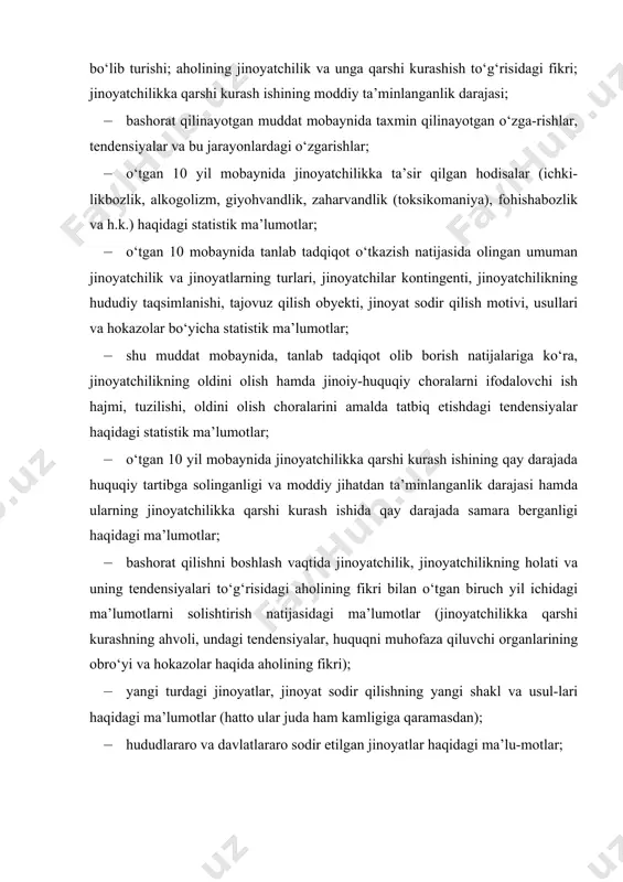 gi jinoyatlar, jinoyat sodir qilishning yangi shakl va usul-lari haqidagi ma’lumotlar (hatto ular juda ham kamligiga qaramasdan); · hududlararo va davlatlararo sodir etilgan jinoyatlar haqidagi ma’lu-motlar; · o‘zbekiston respublikasi bilan chegaradosh davlatlarda jinoyatchi-lik, ularda bashorat qilish va jinoyatchilikka qarshi kurashning ahvoli to‘g‘risidagi ma’lumotlar. kriminologik adabiyotlarda bashorat qilishning muddatiga qarab qisqa muddatli, o‘rta muddatli va uzoq muddatli turlari ishlab chiqilgan. qisqa muddatli bashorat qilishda bir yoki ikki yillik muddat olinib, bunday bashorat qilish jinoyatchilikka qarshi kurashning joriy yili va kelasi yili uchun profilaktika choralarini ishlab chiqishga xizmat qiladi. qisqa muddatli bashorat qilish ijtimoiy huquqni muhofaza qiluvchi faoliyatda jiddiy o‘zgarish yuz berganida (masalan, jinoyatlarni ro‘yxatga olish tizimida), huquqiy tartibga solish (masalan, ayrim huquq buzilishlari, kriminilizatsiya yoki dekriminilizatsiya qilinganda, amnistiya akti chiqqanda va hokazolarda), jinoyatchilikning darajasi va tuzilishidagi o‘zgarishlar hisobga olinadi. o‘rta muddatli bashorat qilish uch – besh yilni qamrab, quyidagilarni o‘z ichiga oladi: · jinoyatchilikka qarshi kurash olib boruvchi subyektlarning jinoyatchi-likka qarshi …