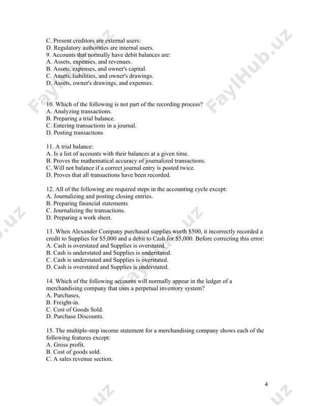 26. a financial statement of a company that shows the cash inflows and cash outflows is a. a statement of balance sheet b. a statement of income statement c. a statement of cash flow d. a statement of owner's equity 27. is related to production and production costs. a. budgetary control b. variance analysis c. standard costing d. all 28. atlantis company's ending inventory is understated $4,000. the effects of this error on the current year's cost of goods sold and net income, respectively, are: a. understated, overstated. b. overstated, understated. c. overstated, overstated. d. understated, understated. 29. songbird company has sales of $150,000 and cost of goods available for sale of $135,000. if the gross profit rate is 30%, the estimated cost of the ending inventory under the gross profit method is: a. $15,000. b. $30,000. c. $45,000. d. $75,000. 30. in a perpetual inventory system, a. lifo cost …