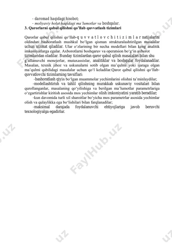 teriya hisobi; operativ hisobot; moliyaviy hisobot; statistik hisobot. ularning har biri o’ziga xos har xil spesifik funksiyalarni bajarib, hisobotning aniq shakllariga ega. buxgalteriya hisobi - bu firmaning operativ boshqaruvi, moliyaviy va statistik hisoboti uchun mo’ljallangan joriy xo’jalik faoliyati natijasi haqidagi katta ma’lumotlar tizimidir. buxgalteriya hisobining maqsadi boshqaruv uchun mb yaratish. buxgalteriya hisobi tizimi quyidagi funksiyalarni bajaradi: - mijozlar bilan pul tadbirlari va hisob kitoblari, ishlab chiqarish zaxiralari, asosiy mablag’ va nomoddiy aktivlar, kapital quyilmalar, tayyor mahsulot sotish, fondlar, rezervlar va zayomlar hisobotini olib borish; - moliyaviy natijalarning hisobotini va tahlilini olib borish va foydani ishlatish; - ishlab chiqarish hisobining prinsiplarini ishlab chiqish va amalga oshirish; - statistik ma’lumotlarni yig’ish va statistik hisobot olib borish. shunday qilib buxgalteriya hisobi resurslarning holati va harakterini, mahsulot ishlab chiqarishning harajatlari va uni amalga oshirish natijalarini qayd qiladi. operativ hisobot – firmaning joriy har kungi boshqaruviga xizmat qilish, buning asosida buxgalteriya hisobi turadi. operativ hisobotning …