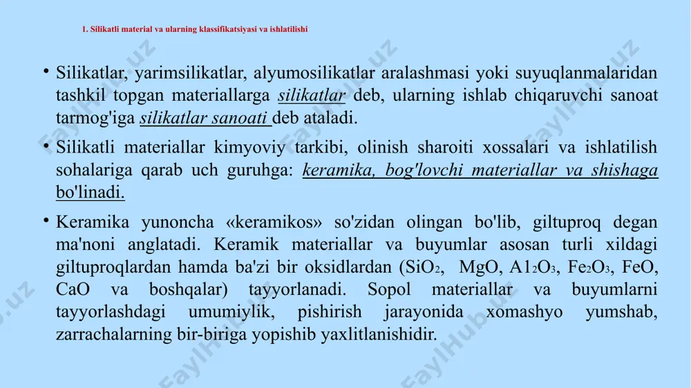 s va boshqalar) kiradi. ikkinchi guruhga: chinni, kimyo sanoati uchun kislotalarga chidarnli buyumlar, yo'lka va qoplama plitalar va boshqalar kiradi . sopol buyumlar sirtining holatiga qarab sirlangan (glazurlangan) va sirlanmagan buyumlarga bo'linadi. sirlangan buyurnlarning sirti shishasimon yalthoq sir bilan qoplangan bo'ladi. silikatlar aralashmasini to'liq suyuqlanguncha qizdirib, so'ngra suyuq massani sovitilsa, turli navdagi shish alar hosil bo'ladi. kukunsimon silikatlar va alyumosilikatlarni hamda boshqa mineral moddalarni quydirilsa bog'lovchi xossaga ega bo'lgan birikmalarga aylanadi. hozirgi zamonda silikatli materiallar ishlatilmaydigan sohani ko'rsatish qiyin. silikatli materiallar ayniqsa, qurilishda, masalan, qurilish g'ishtlari, cherepitsalar, qoplama materiallar, o'tga chidarnli va kimyoviy buyumlar, elektr issiqlik va shovqinni izolyatsiyalovchi (o'tkazmaydigan) materiallar qurilish va bezak ishlari tayyorlashda keramik quvurlar olishda, elektrotexnika va radiotexnika sanoatida turli xildagi chinni izolyatorlar, isitish asboblari uchun har xii keramik qismlar, sanitariya-gigiyena (ozodalik) texnikasi narsalari va hokazolar tayyorlashda ishlatiladi. sopol materialariga qiziqish shunchaiik oshdiki, xxi asrni ba'zan keramika asri deb ham atalmoqda. hozirning o'zida noyob mexanik, magnit, …